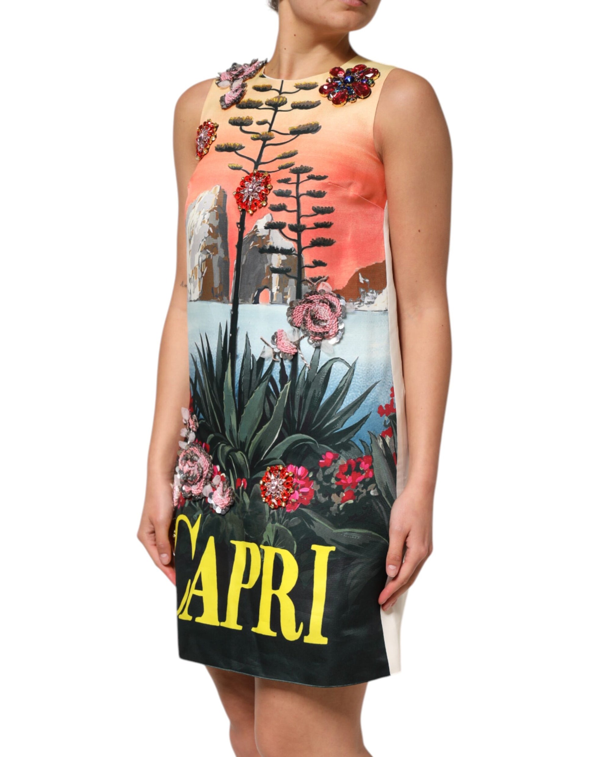 Multicolored dress with crystal embellishments and floral print