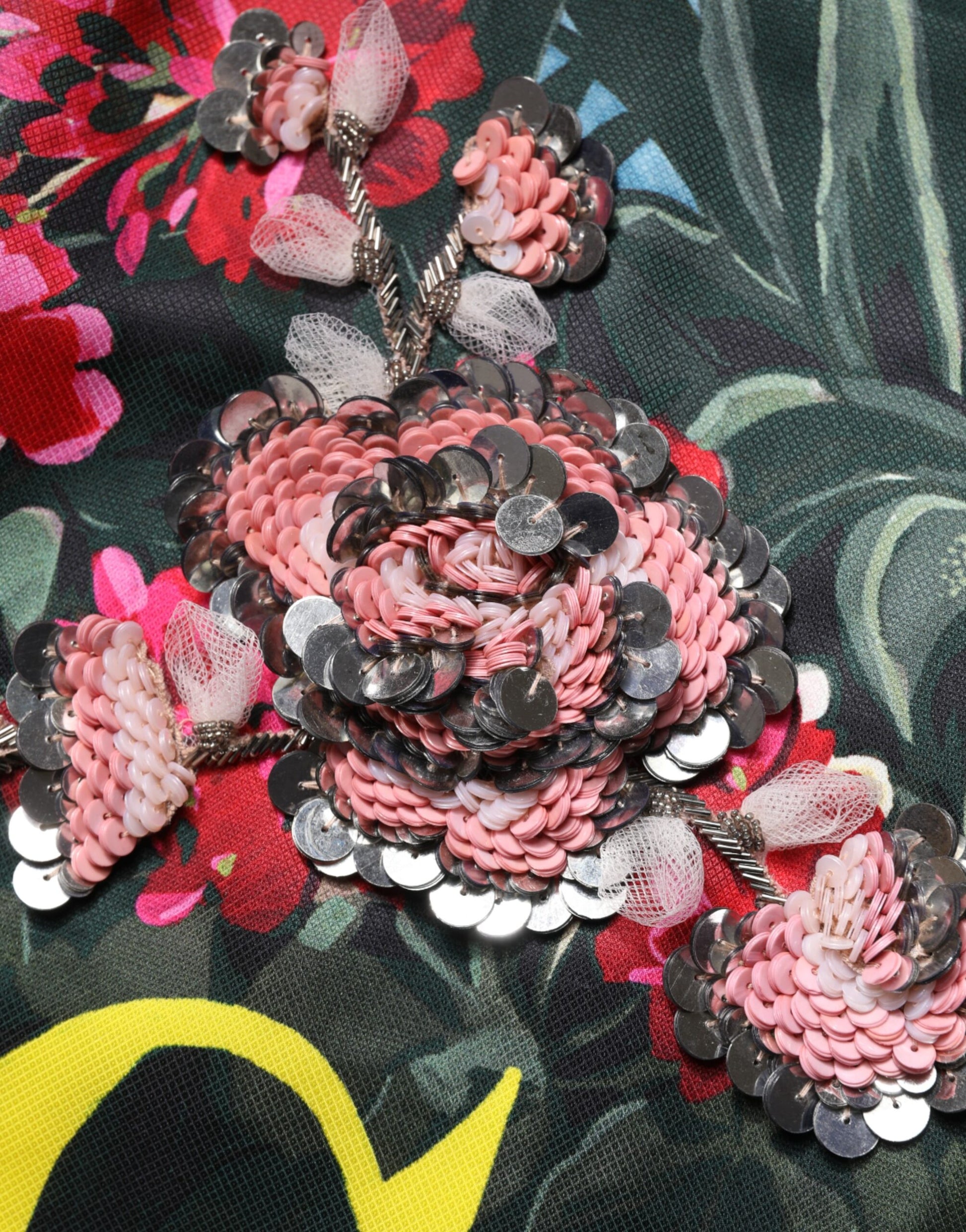 Pink and black crystal embellished dress with floral pattern