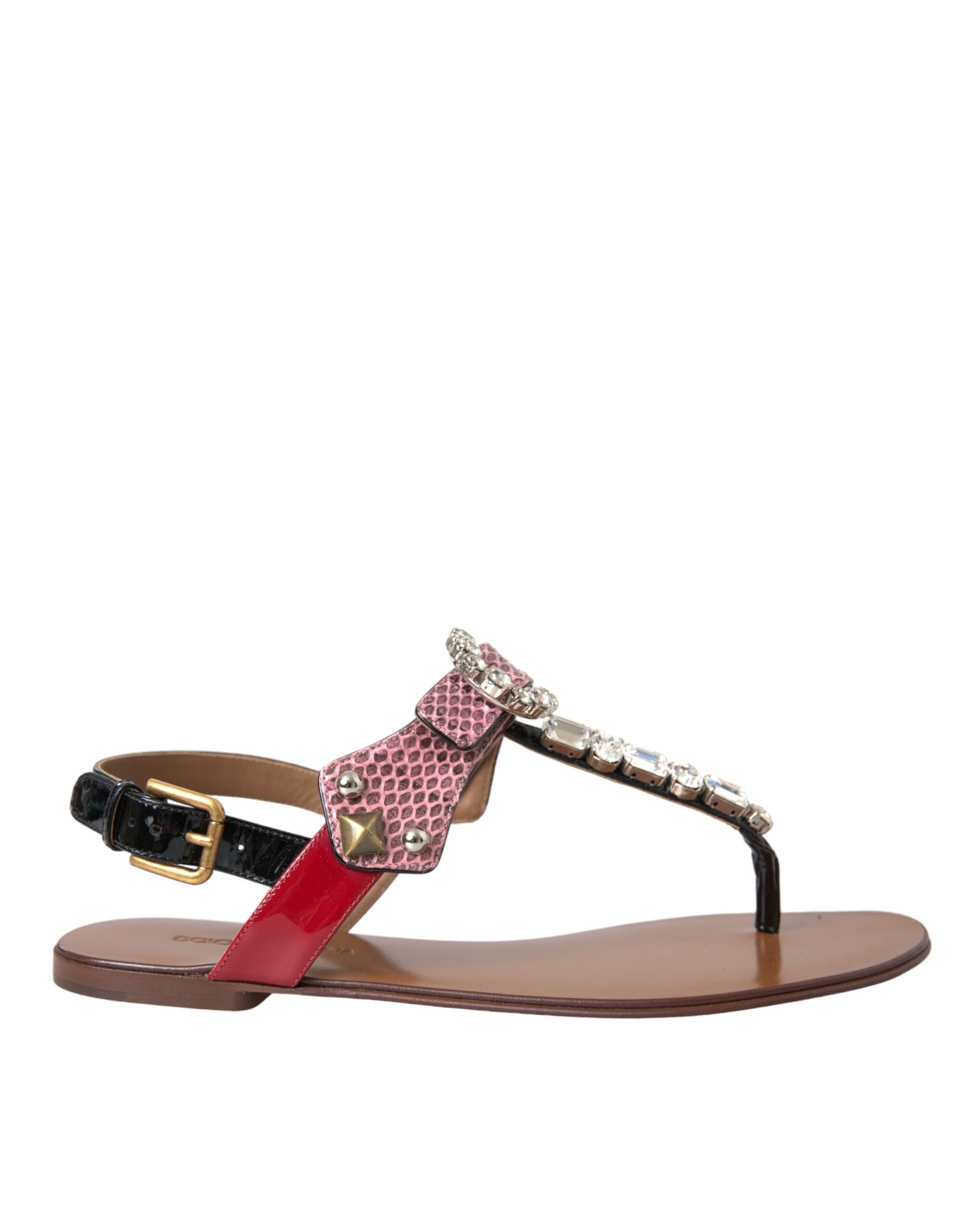 Brown sandal with red strap and gold buckle