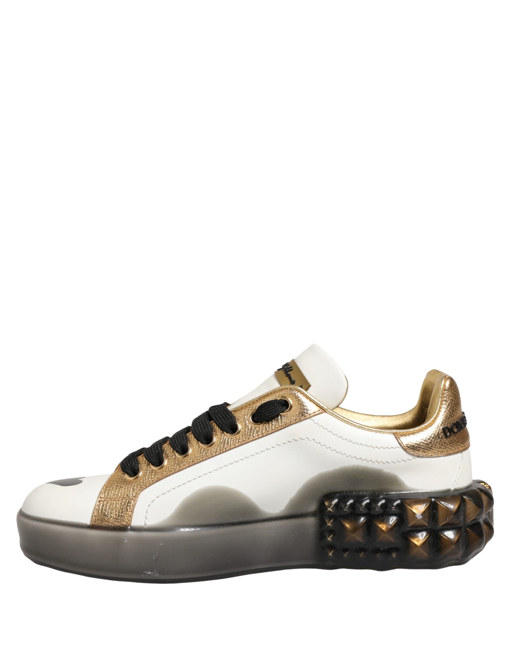 Gold and white sneakers with crystals and studs
