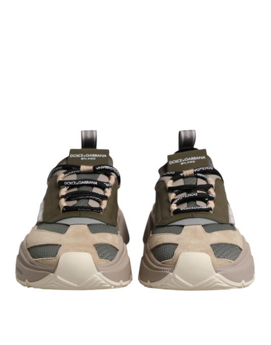 Pair of multicolored sneakers with laces and a low top design, featuring the brand name on the side