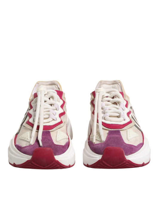 Pair of multicolored sneakers with laces and a low top design, featuring the brand name on the side