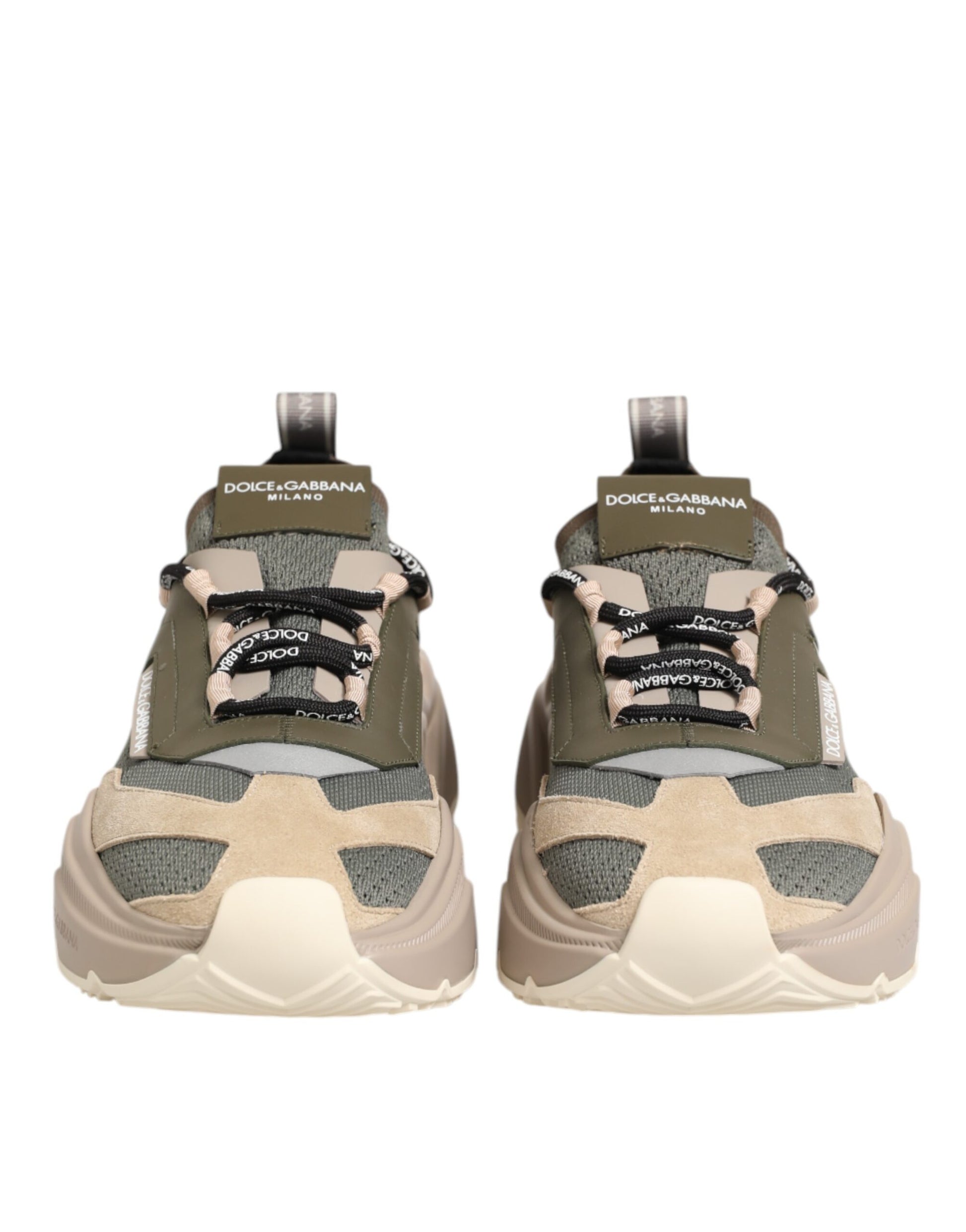 Pair of multicolored sneakers with laces and a logo on the side