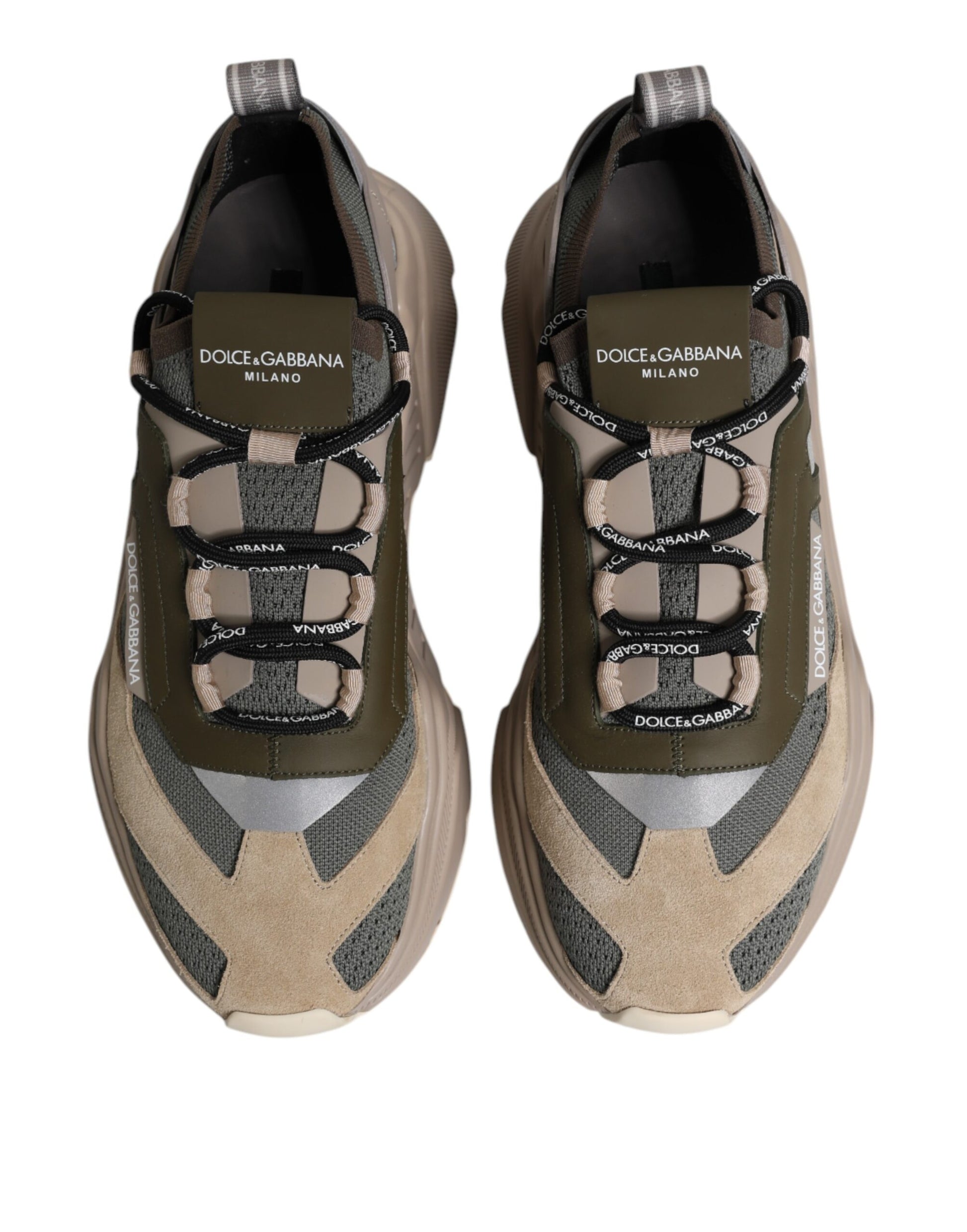 Pair of multicolored sneakers with laces and a logo on the side