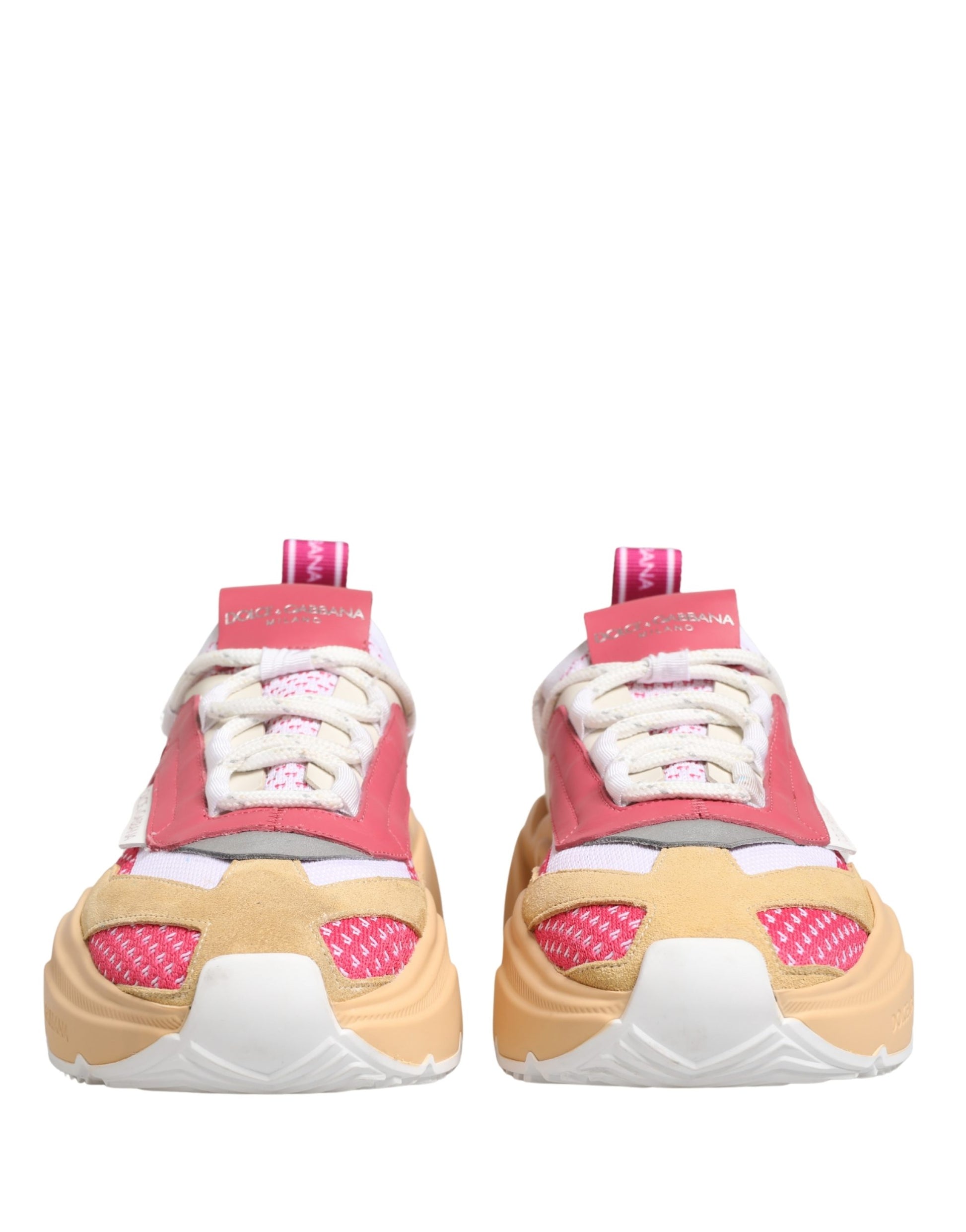 Pair of multicolored sneakers with red and white laces, featuring a patterned design on the side