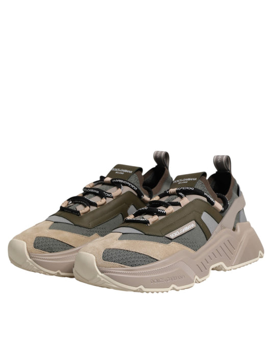 Brown and beige sneakers with laces, featuring a low top design