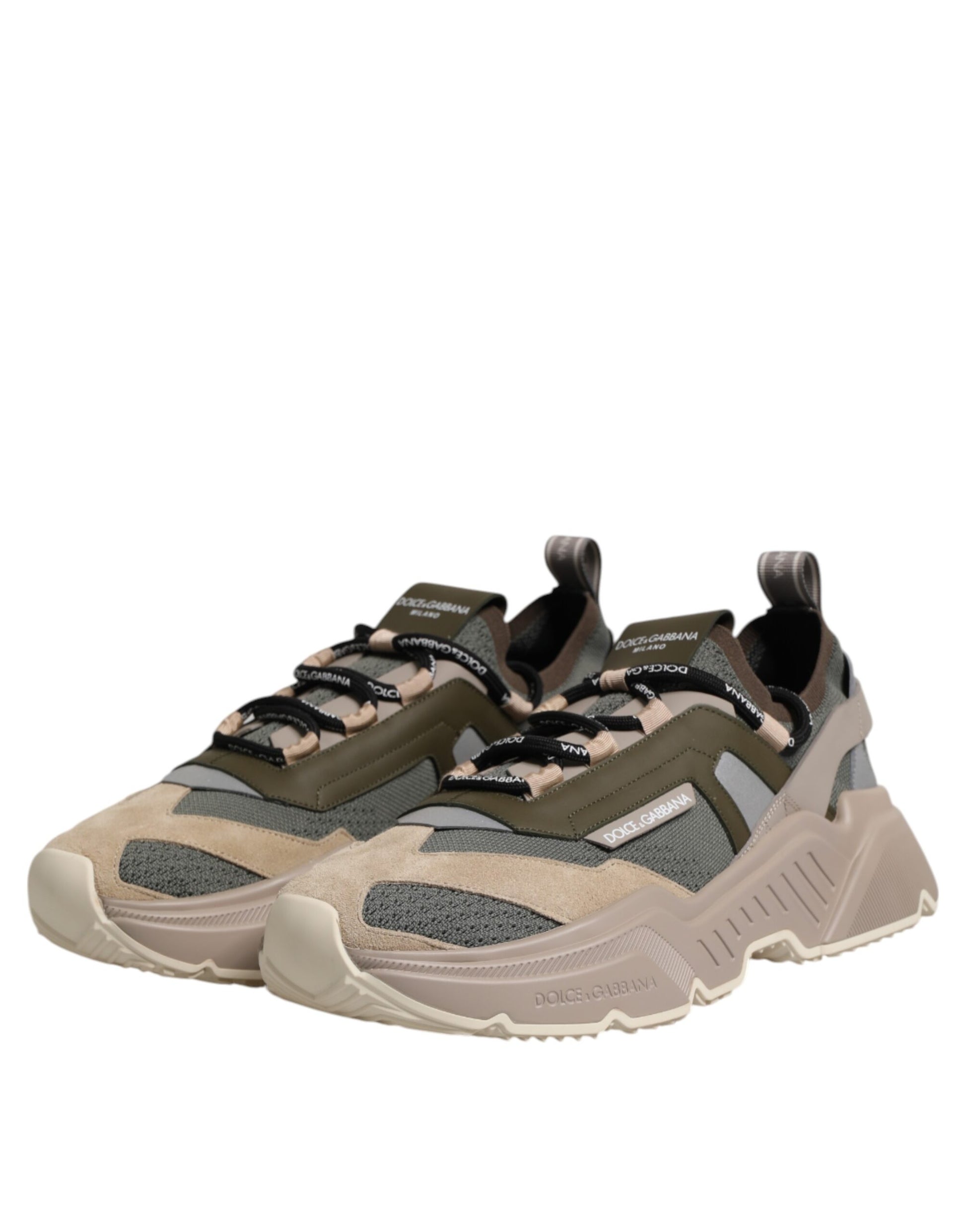 Tan and black sneakers with laces, featuring a camouflage pattern on the side