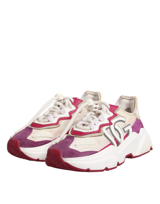 Pair of multicolored sneakers with white laces and a logo on the side