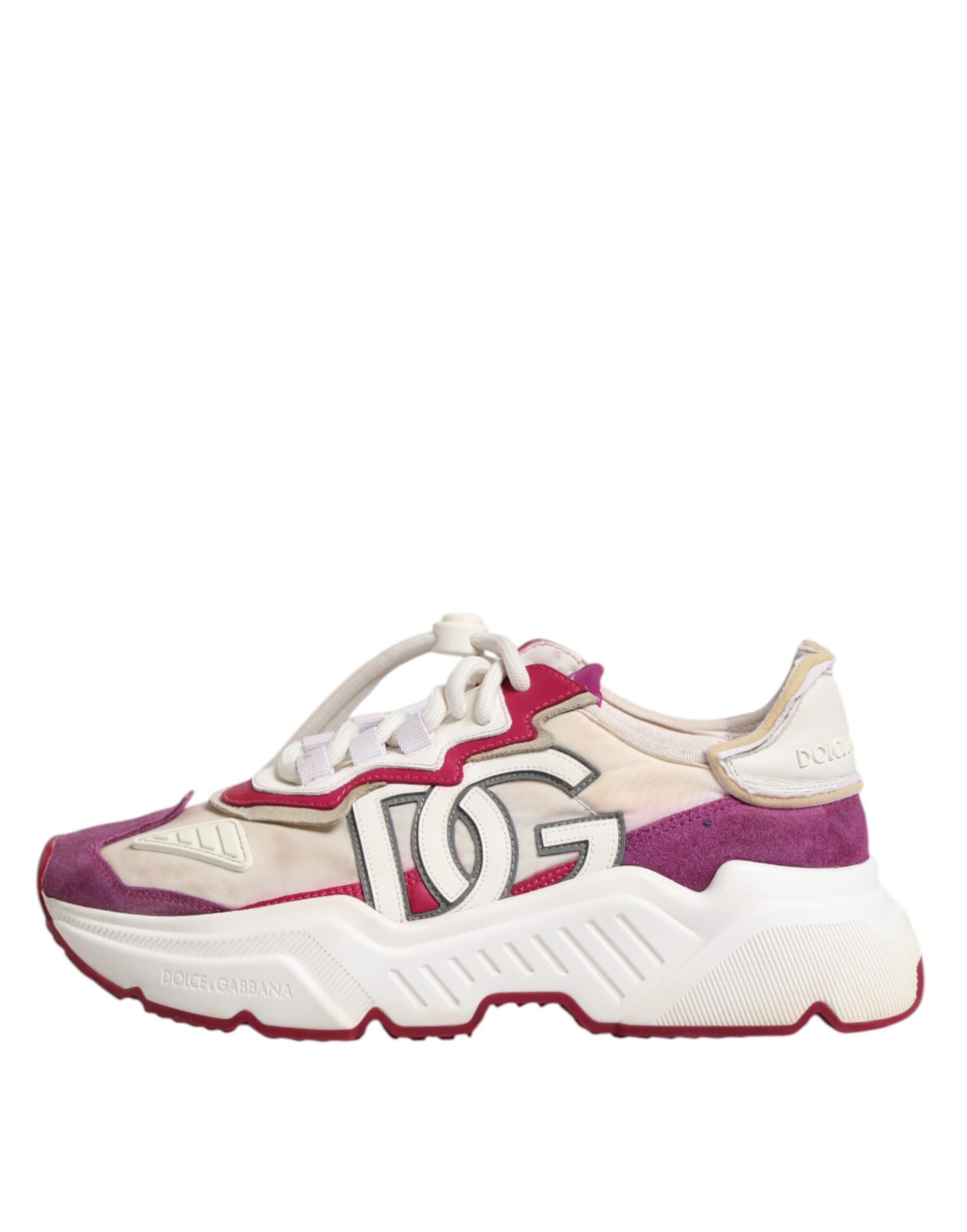 Pair of multicolored sneakers with red and white laces, featuring a low top design