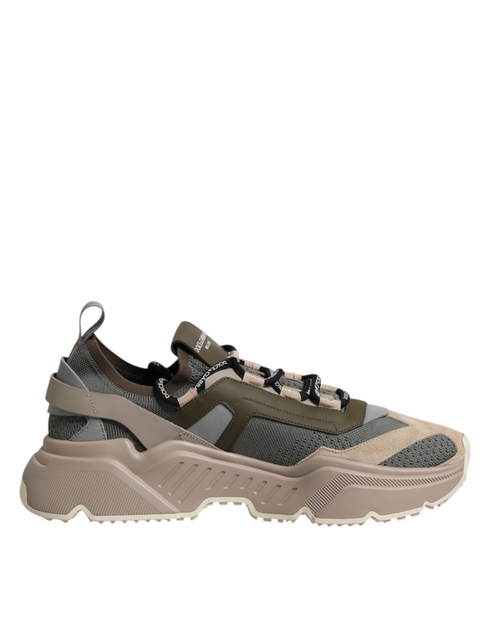 A pair of multicolored sneakers with a low top, featuring a camouflage pattern and a chunky sole