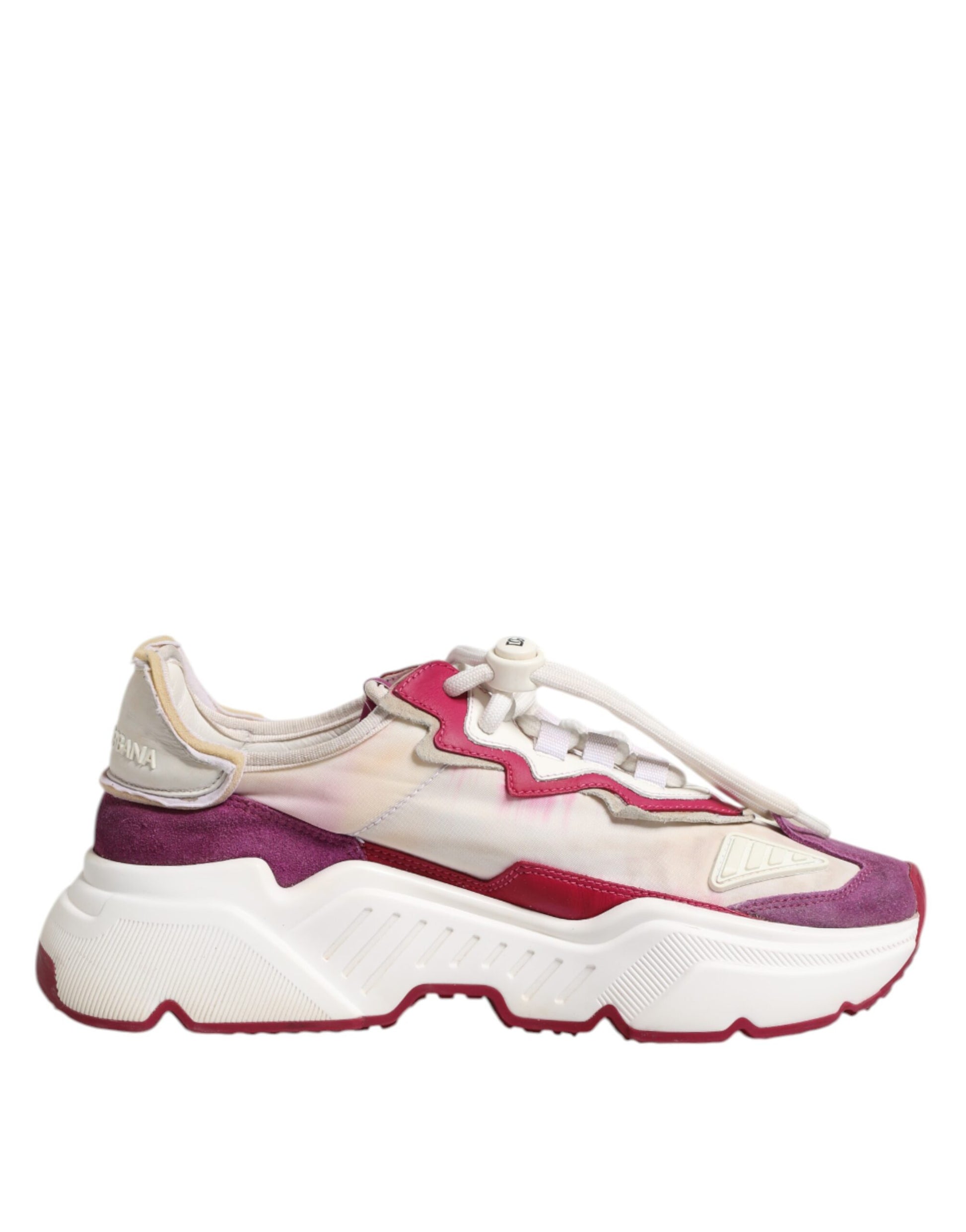 Pair of multicolored sneakers with laces, featuring a mix of pink, white, and red colors