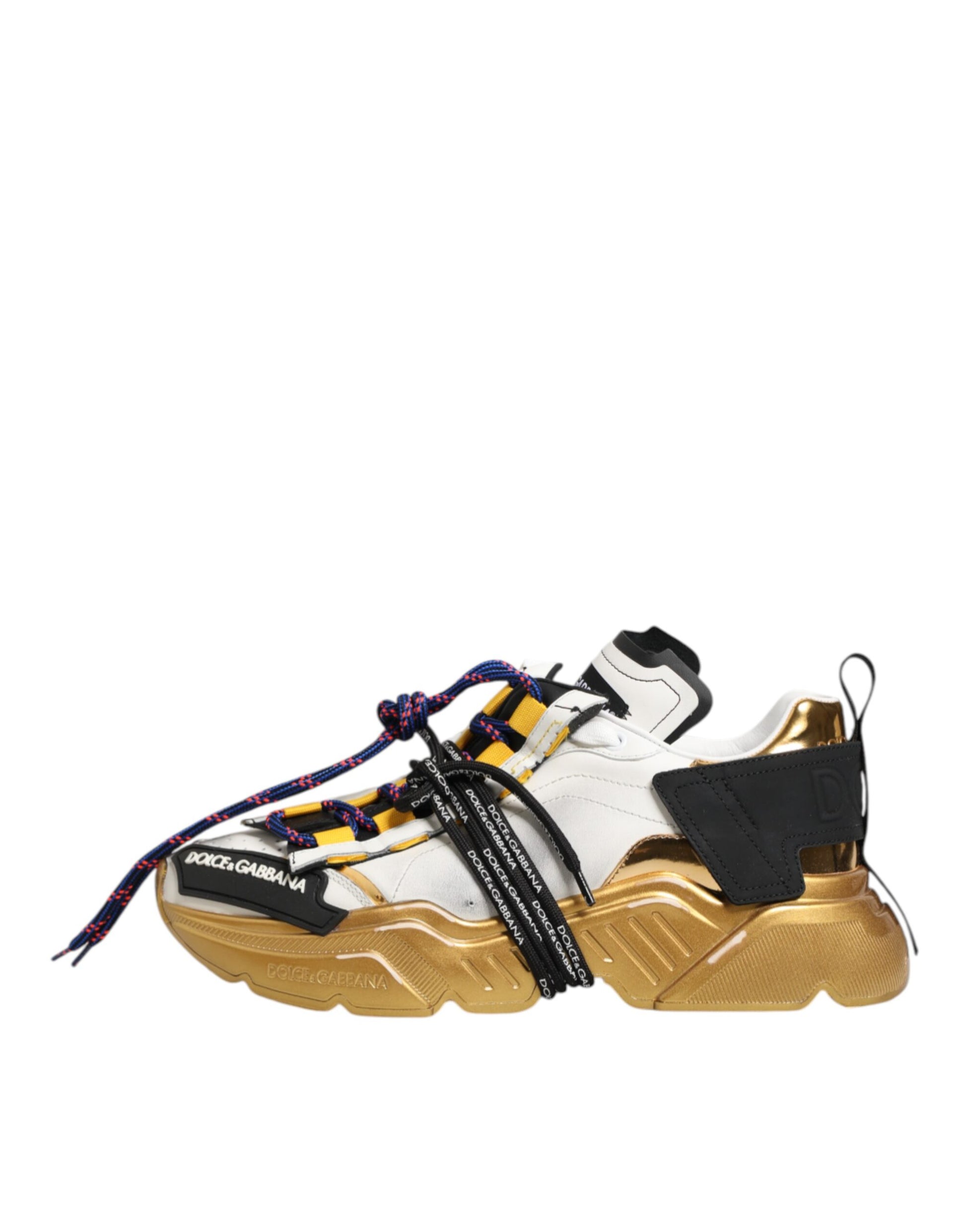 Multicolored sneakers with laces, branded logo on side, and a strap across the top