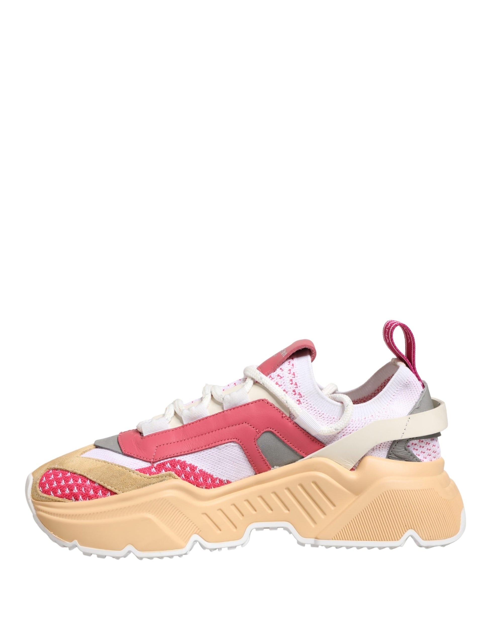 A pair of multicolored sneakers with a red and white pattern, featuring the Dolce & Gabbana logo