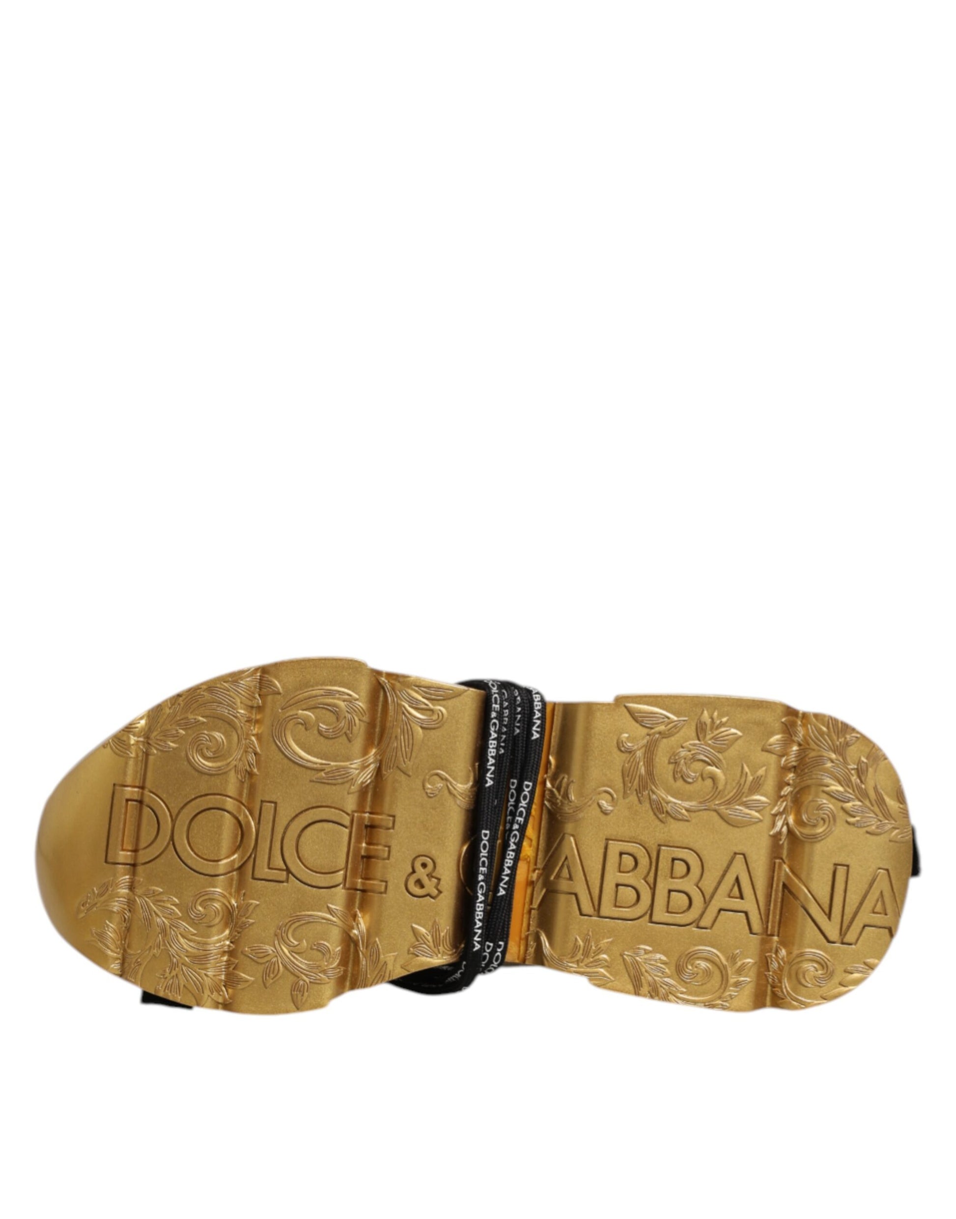 Gold slip-on shoes with multicolored designs and brand names