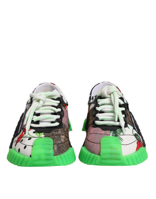 Colorful sneakers with green soles, featuring a pattern of leopard print and cherries