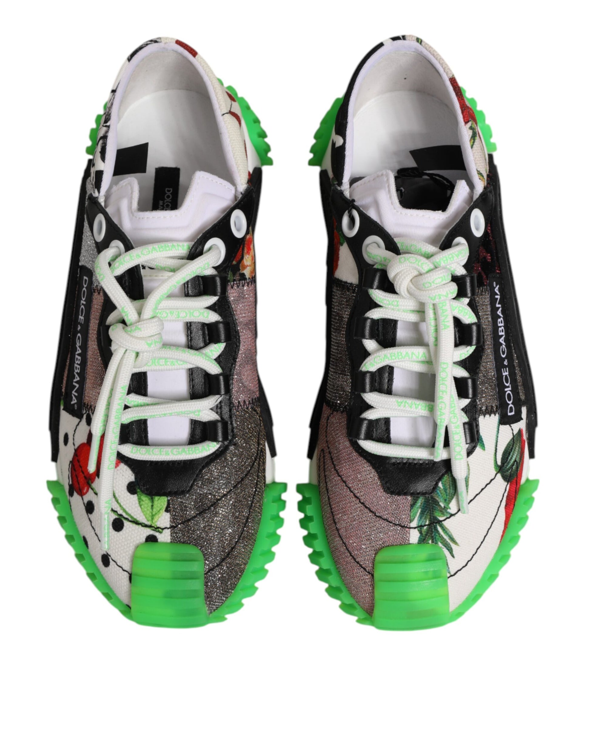 Pair of colorful sneakers with green and pink accents, featuring a leopard print design