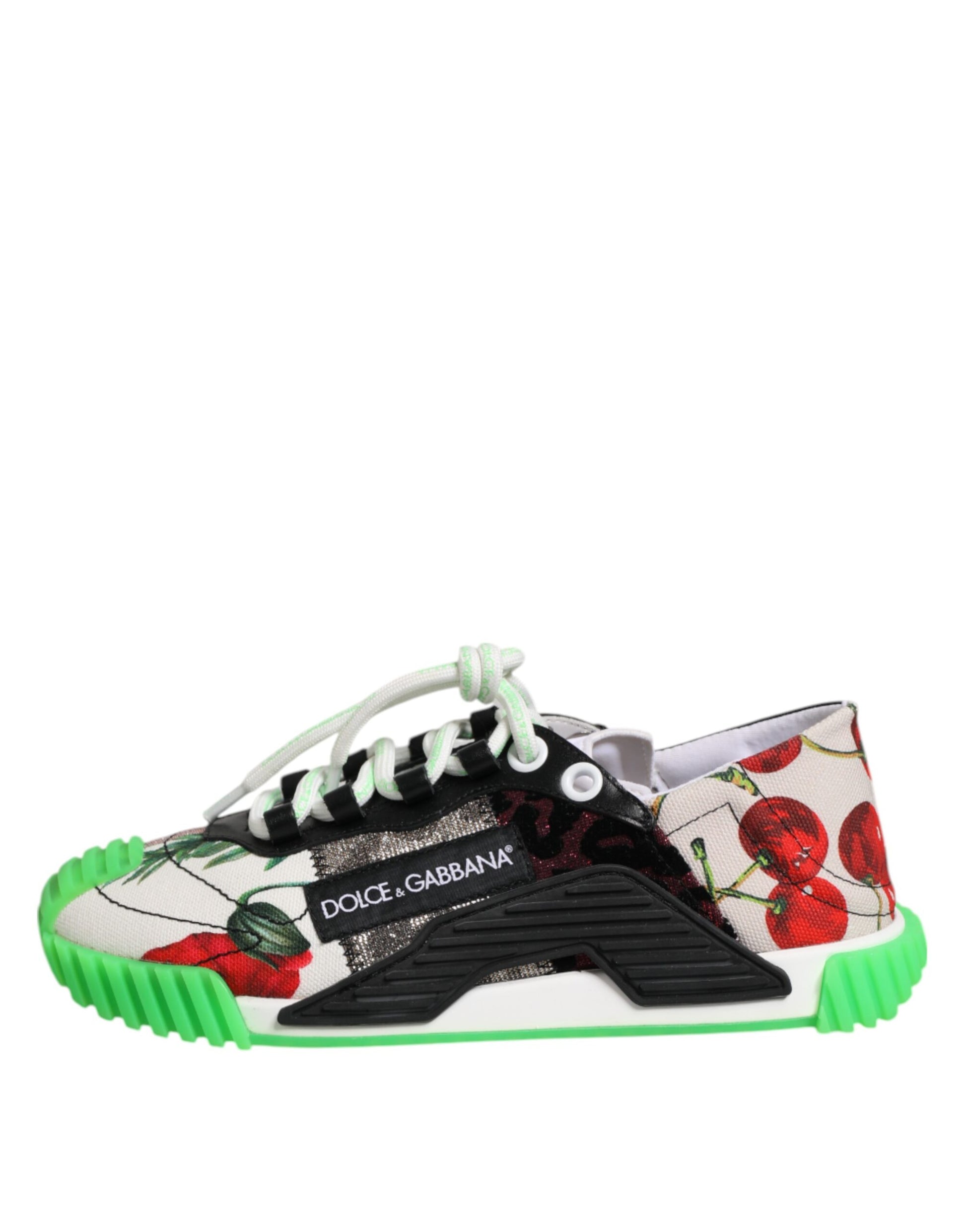 A pair of colorful sneakers with a leopard print and cherry design, featuring the Dolce & Gabbana logo