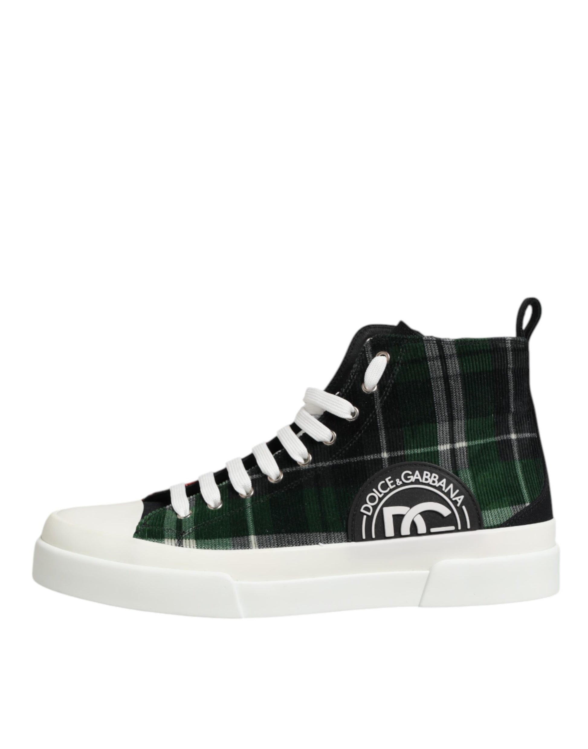 High top sneaker with laces, plaid pattern on upper, white sole, black outsole