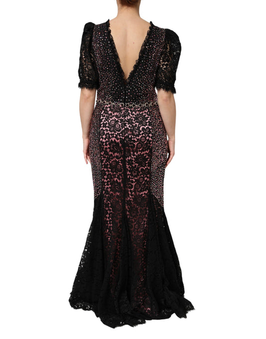 A long, multicolored dress with embellishments and a mermaid silhouette