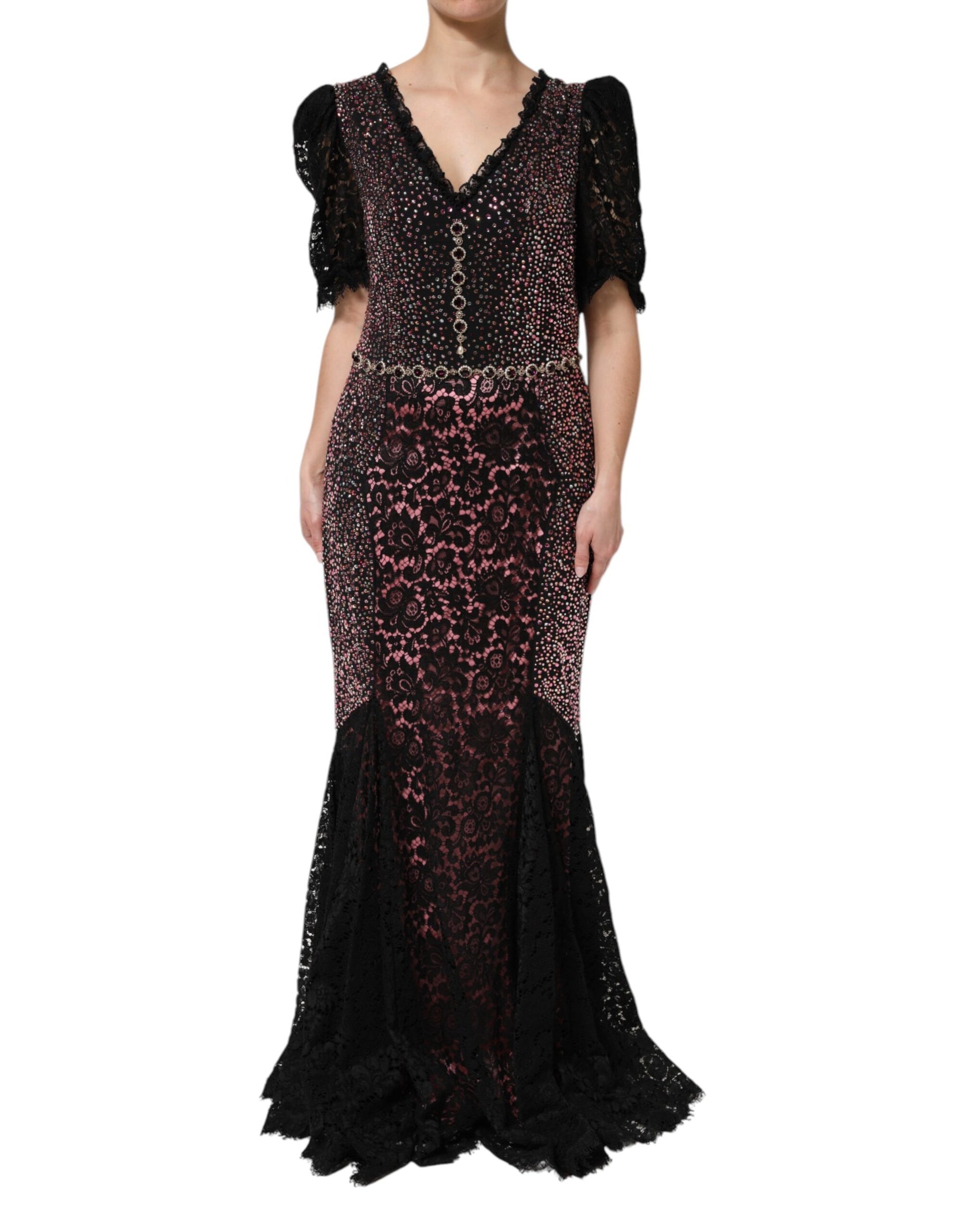 A long, black dress with pink and white embellishments on the bodice