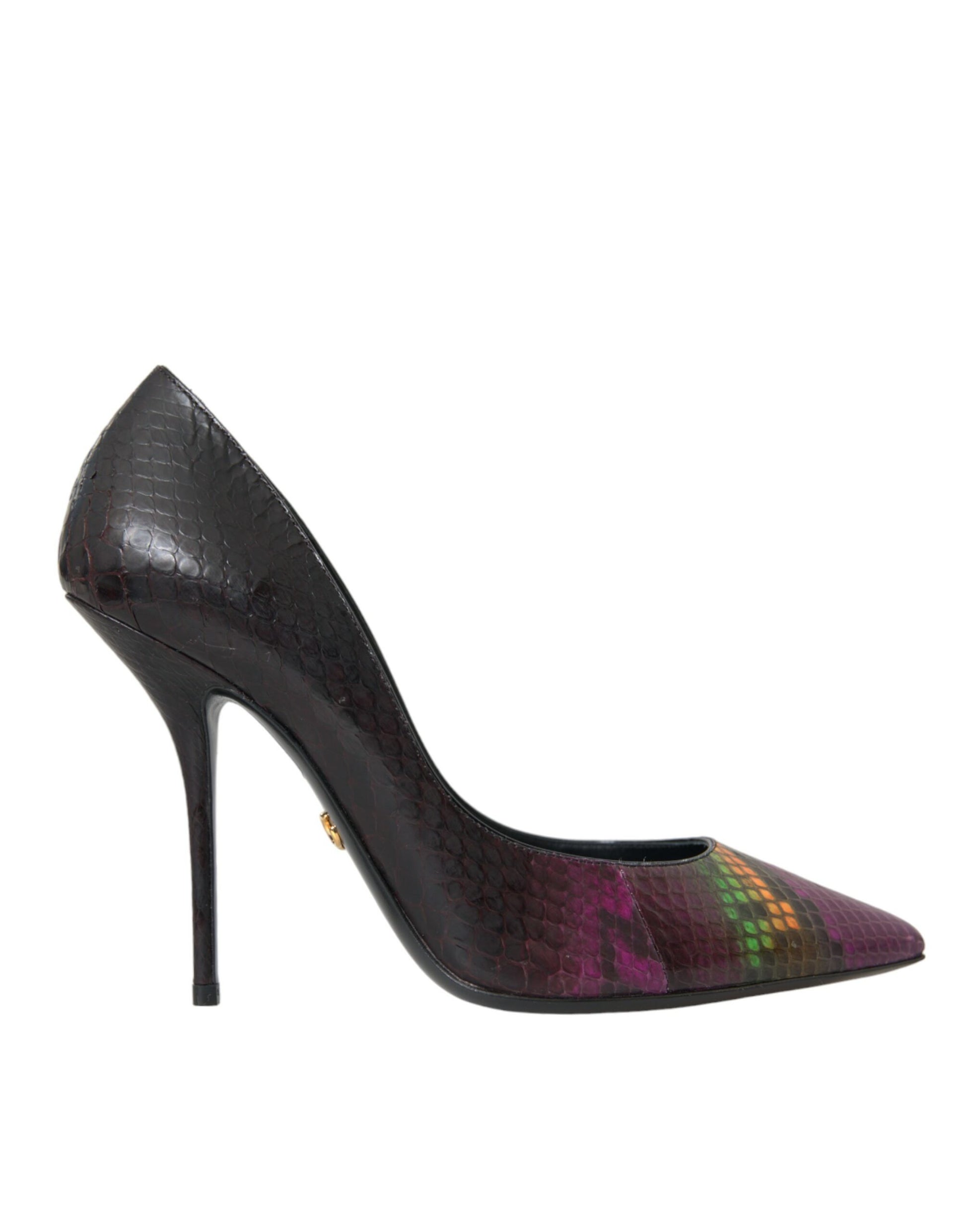 Black high heel shoe with a patterned toe cap