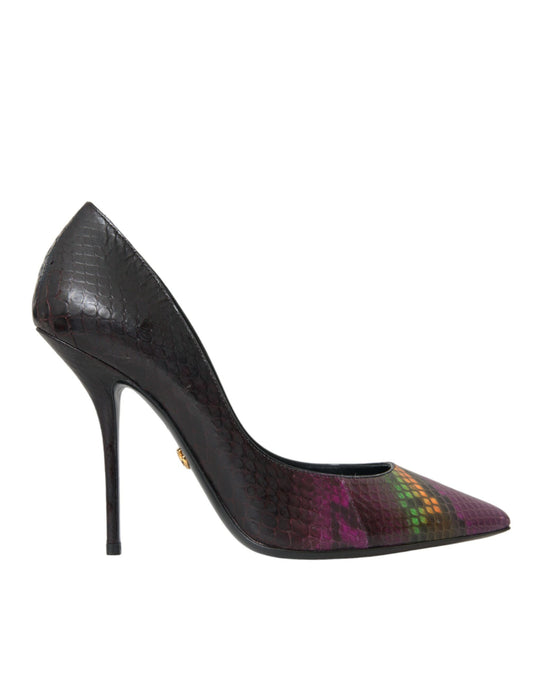 Black high heel shoe with a patterned toe cap