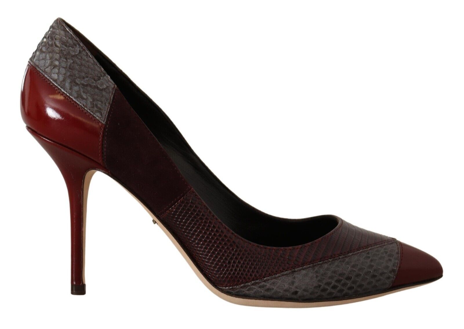 Red high heel shoe with a patterned toe and ankle strap