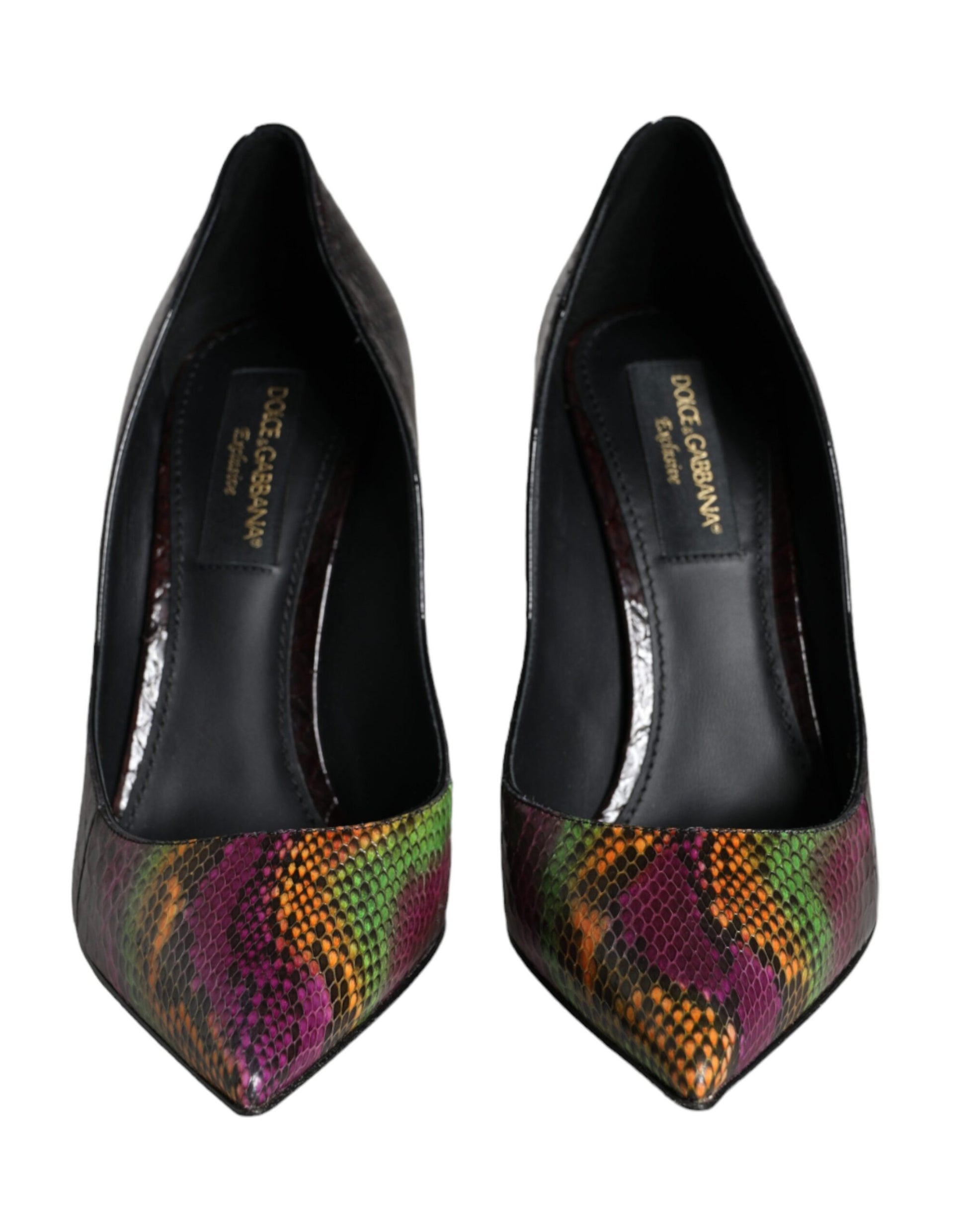 Pair of high heel shoes with colorful designs on toe and heel