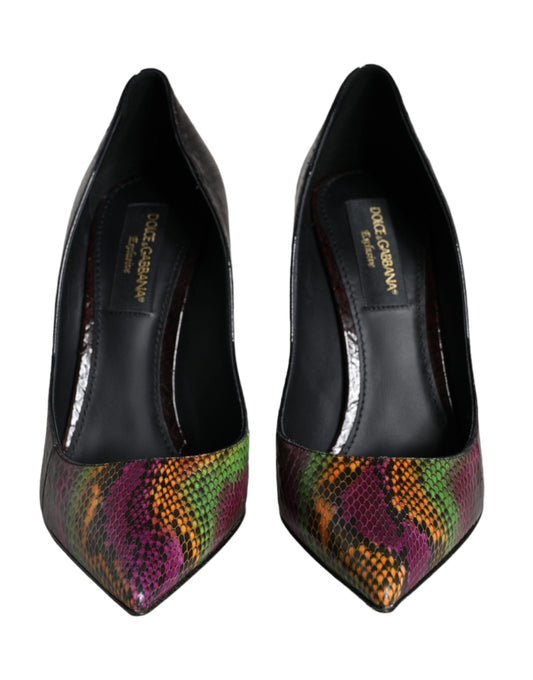 Pair of high heel shoes with colorful designs on toe and heel