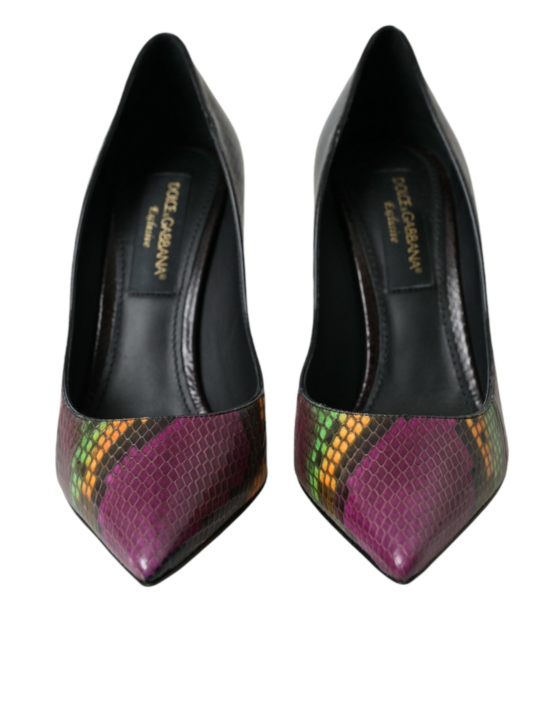 Pair of black high heel shoes with colorful accents on toe and heel