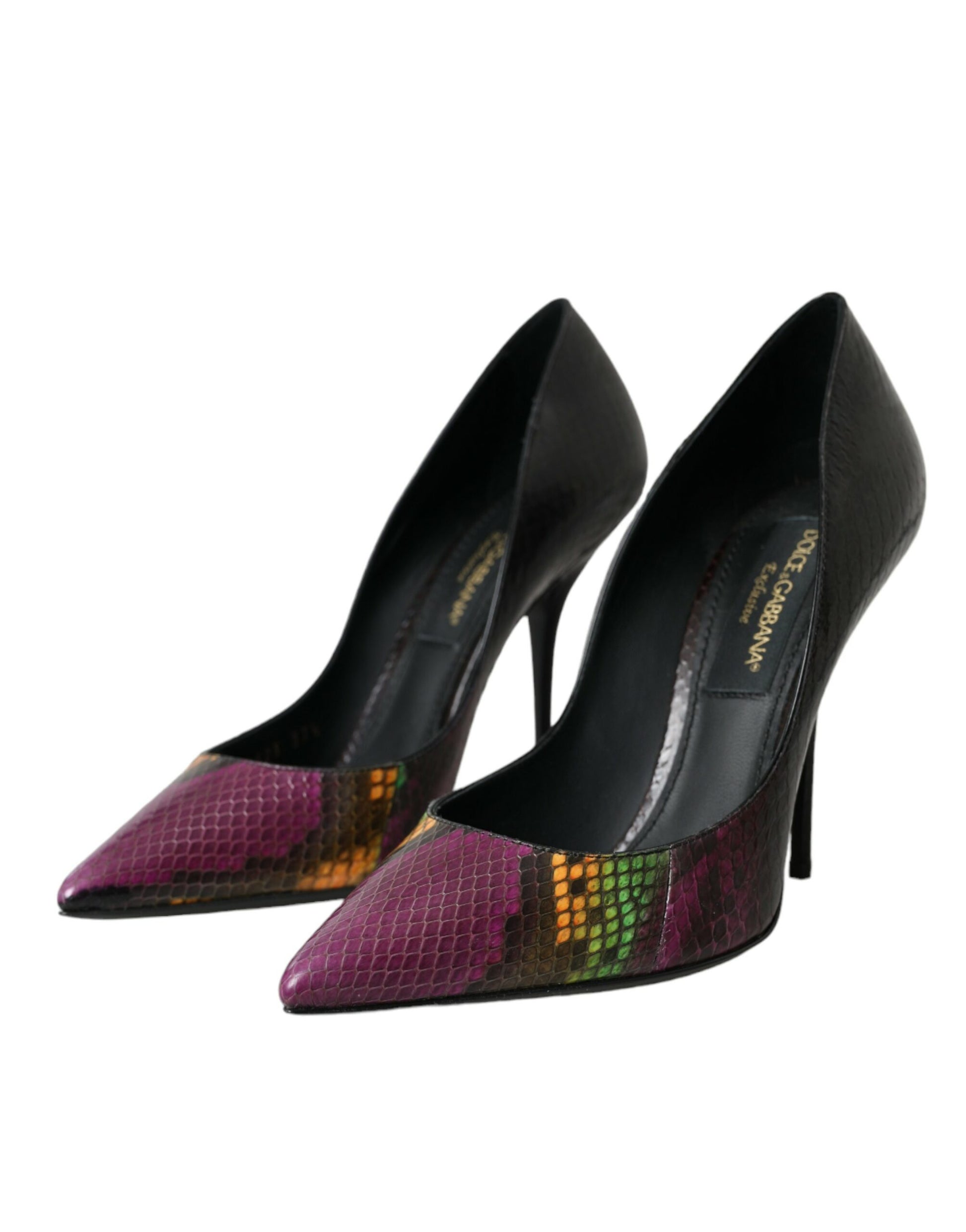 Pair of high heel shoes with colorful designs on toe and heel