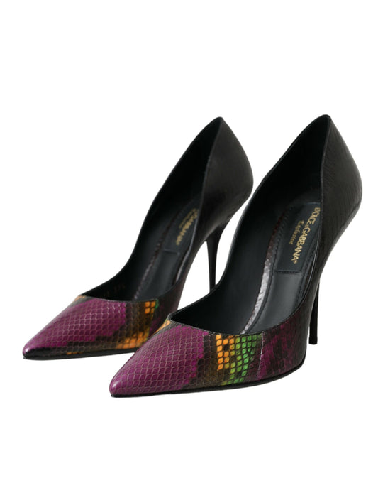 Pair of high heel shoes with colorful designs on toe and heel