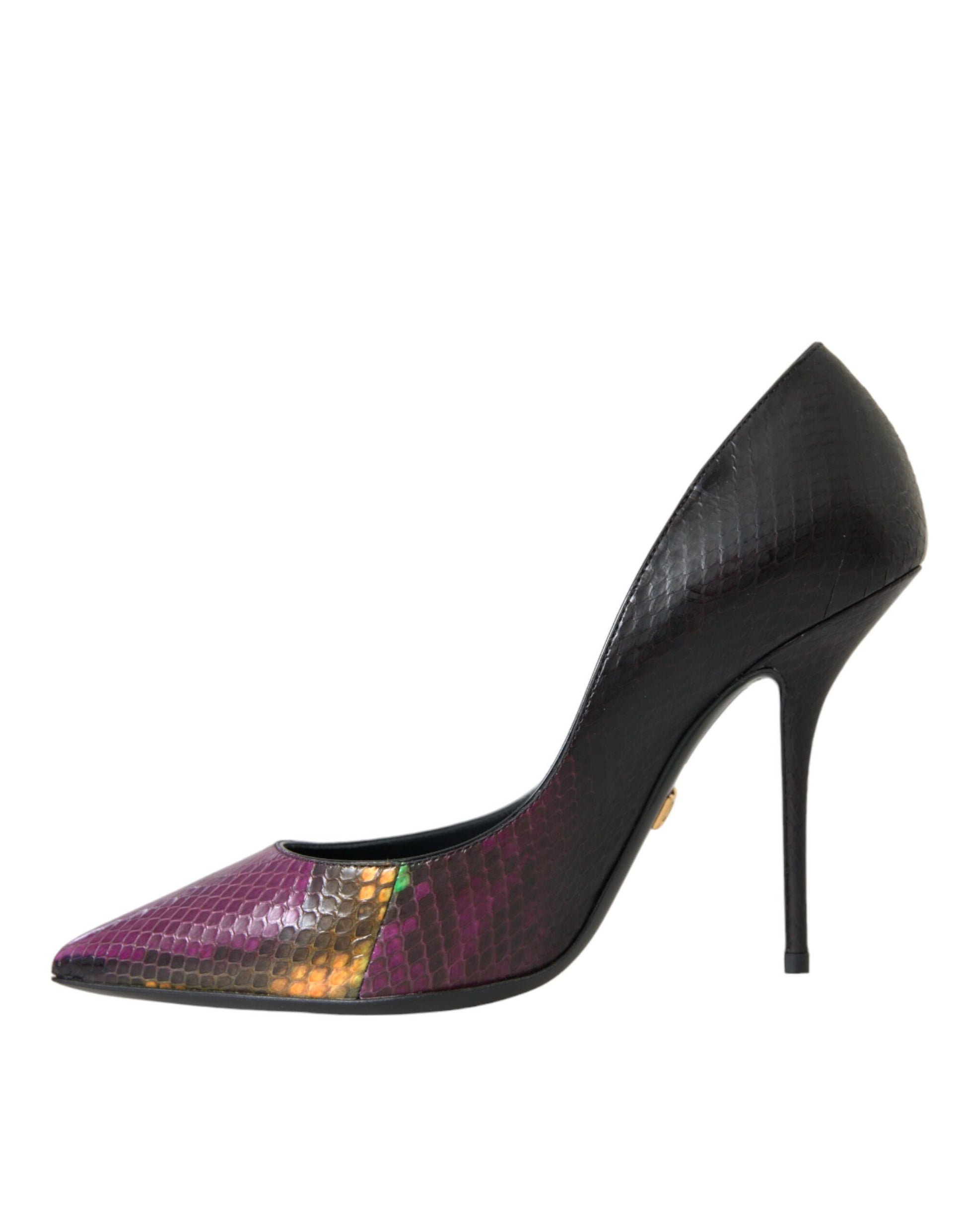 High heel shoe with a black upper and a purple patterned toe cap