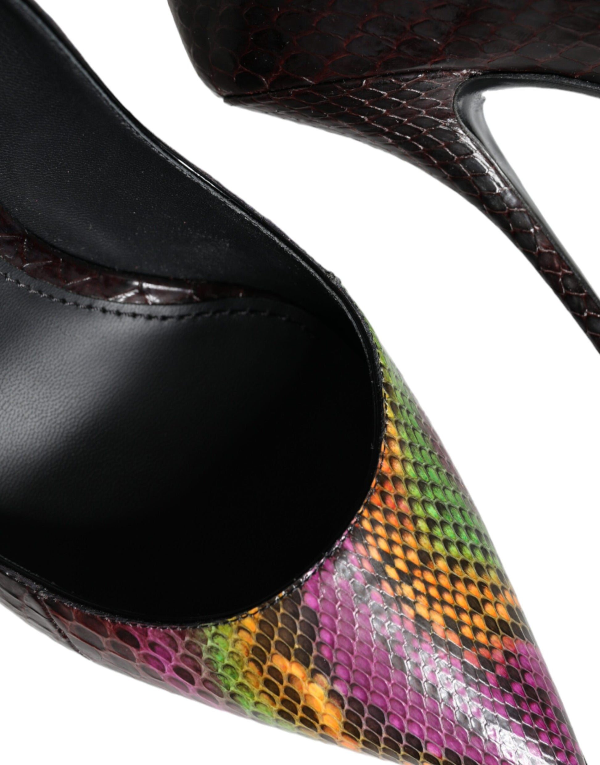 High heel shoe with black stiletto heel and colorful snake skin print on toe cap