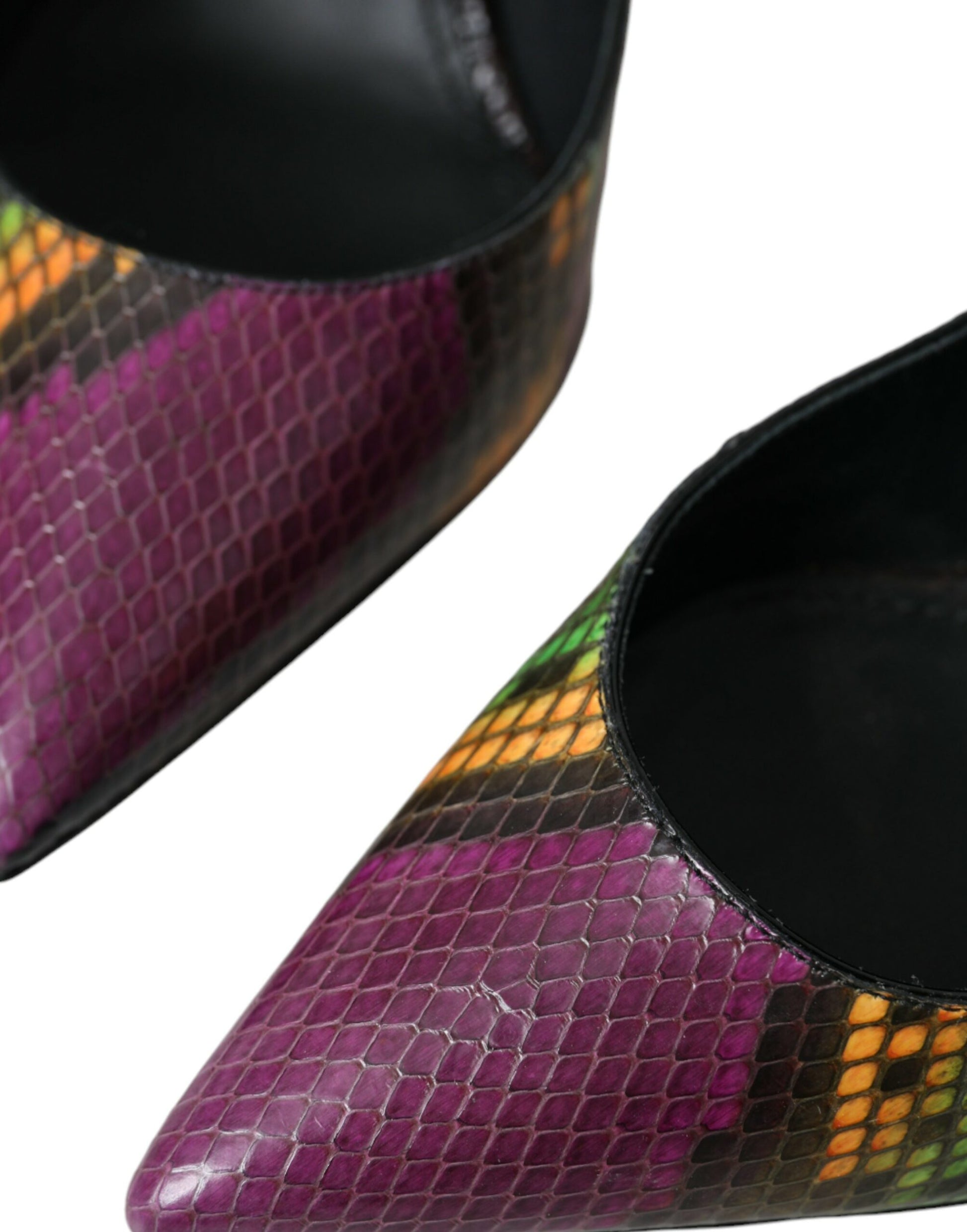 Pair of high heel shoes with a reptile skin texture and colorful design