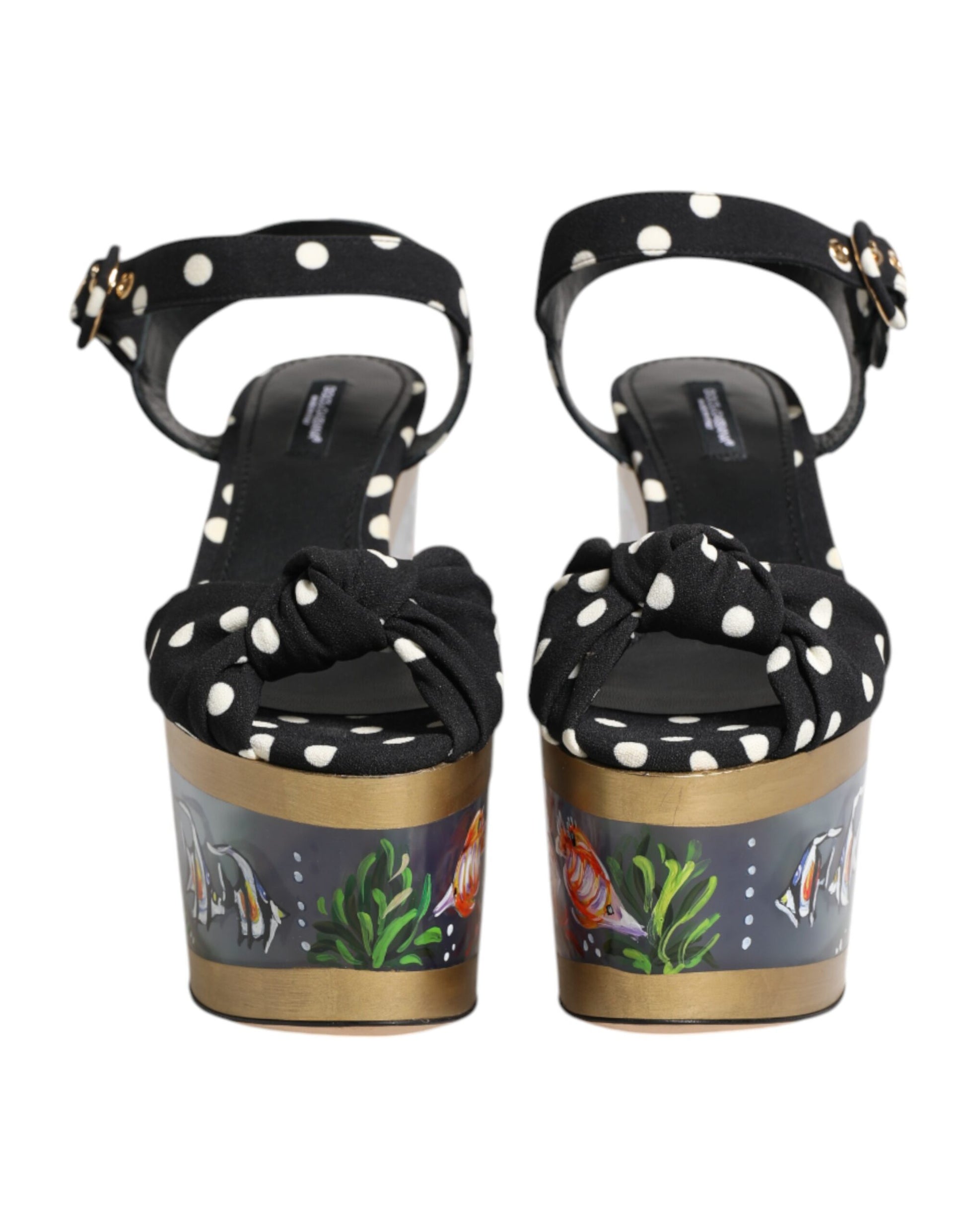 High heel sandals with polka dots and fish design on platform