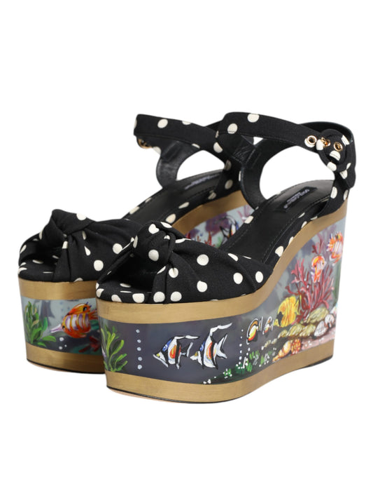 Black high heel shoes with polka dots and fish design