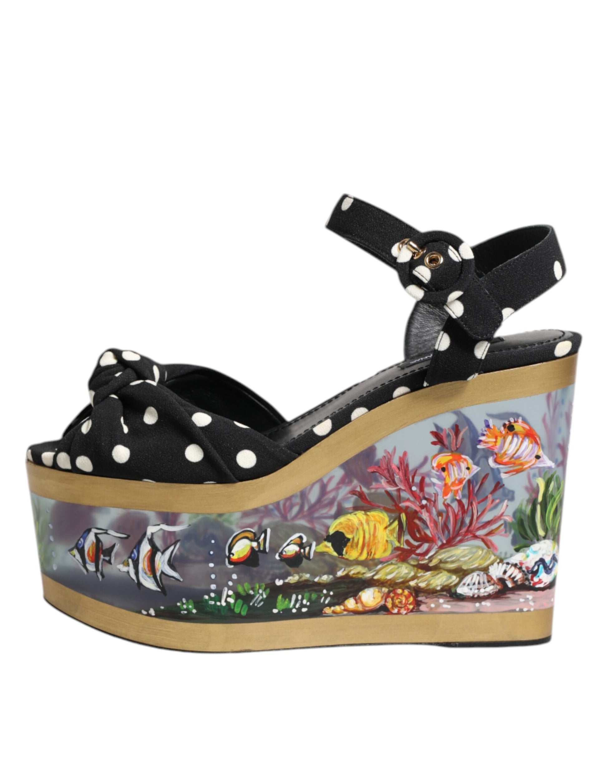 Black shoe with polka dots on straps featuring a fish scene