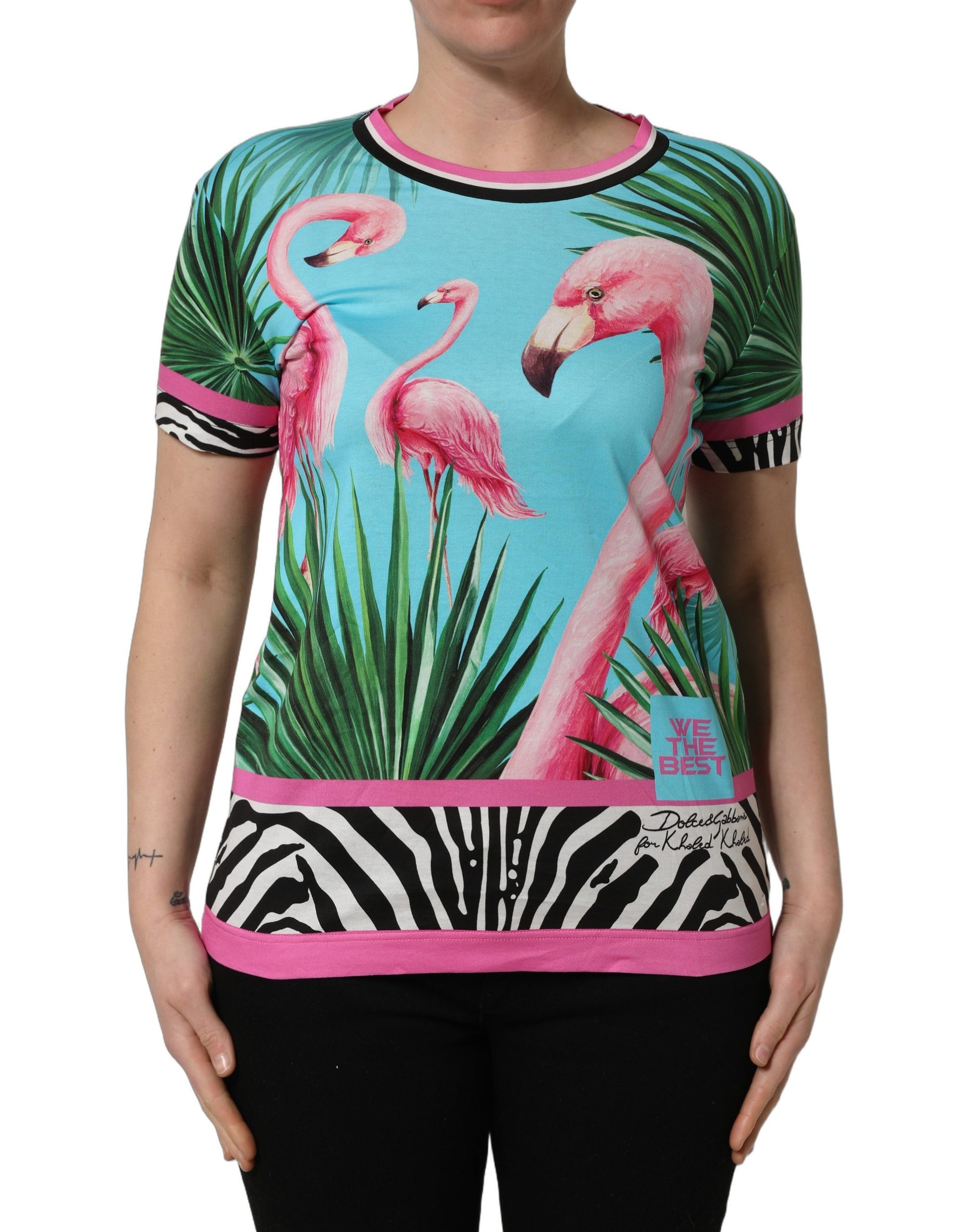 A colorful t-shirt with a flamingo and zebra print