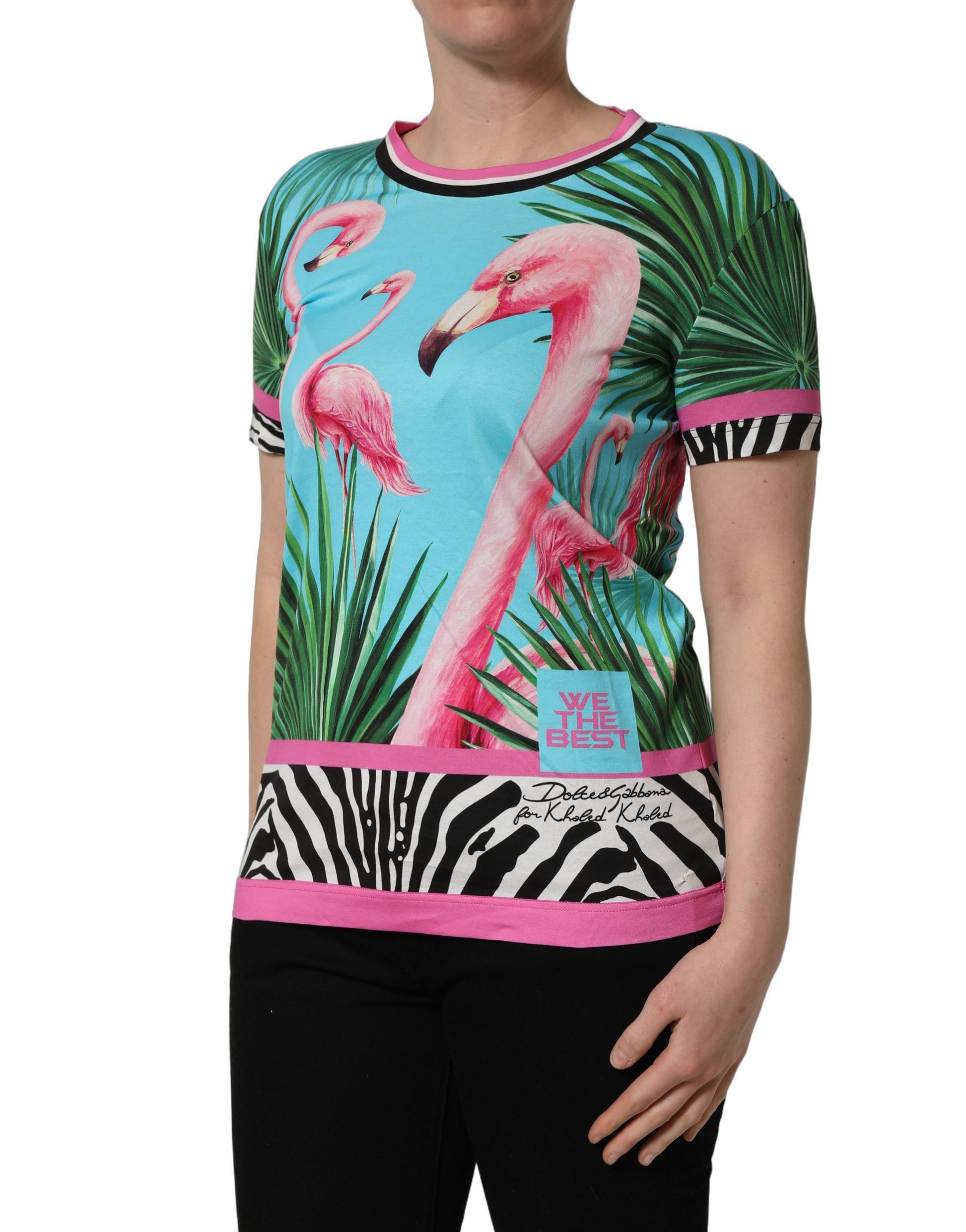 A colorful t-shirt with a flamingo and zebra print