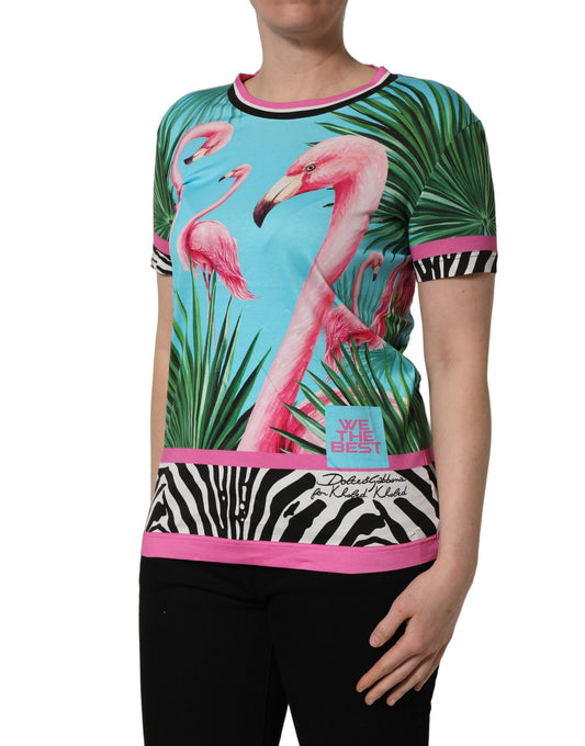 A colorful t-shirt with a flamingo and zebra print