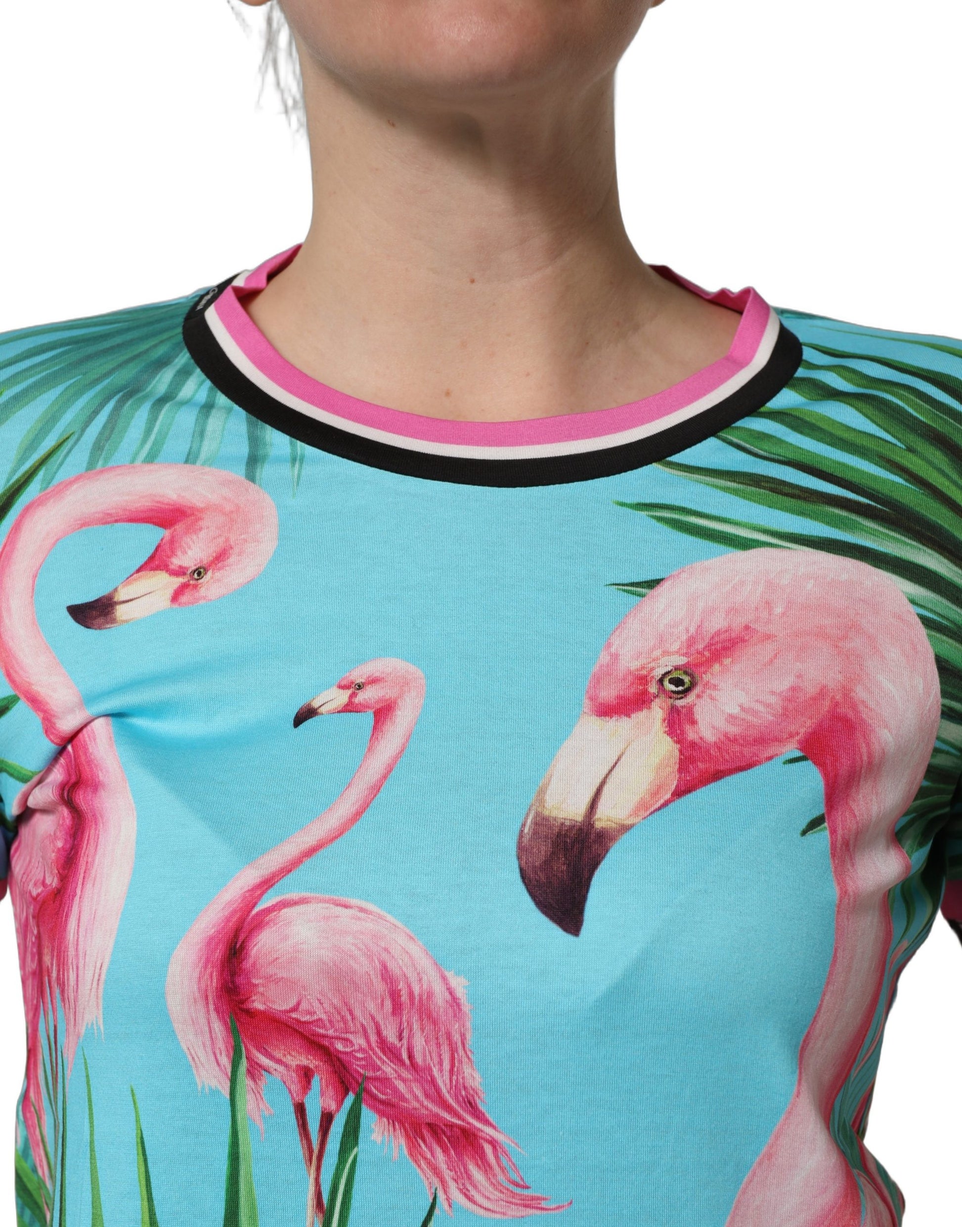 A colorful t-shirt with a flamingo print