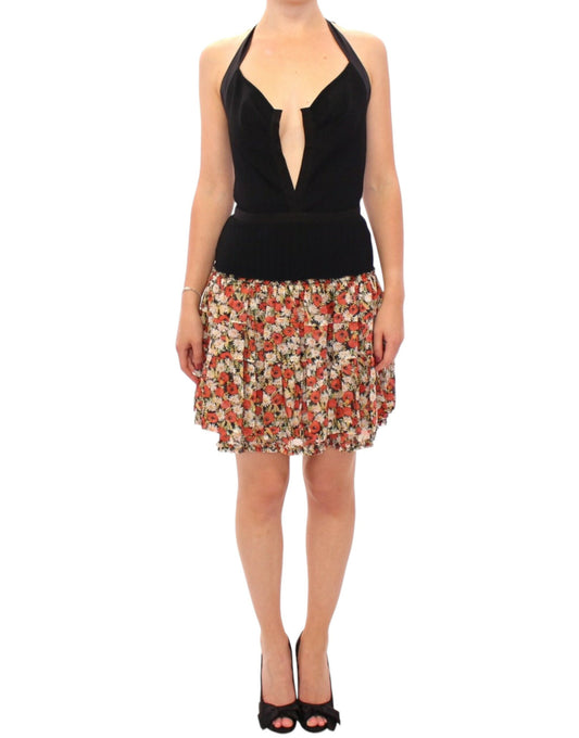 Black dress with deep neckline and floral skirt