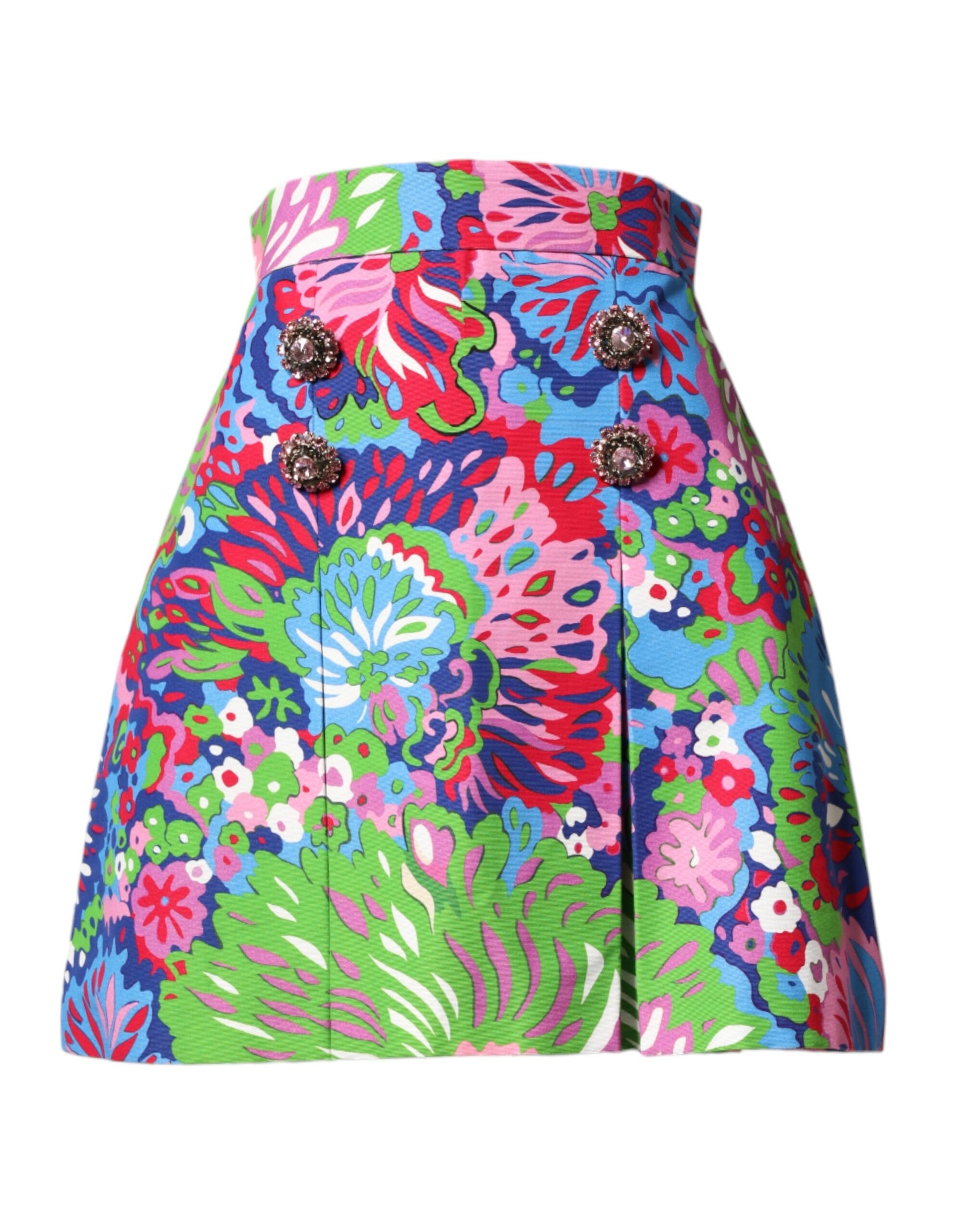 Colorful floral patterned skirt with buttons on front
