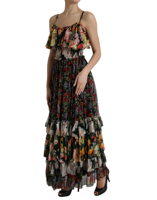 A long, tiered maxi dress with a floral pattern and chiffon fabric