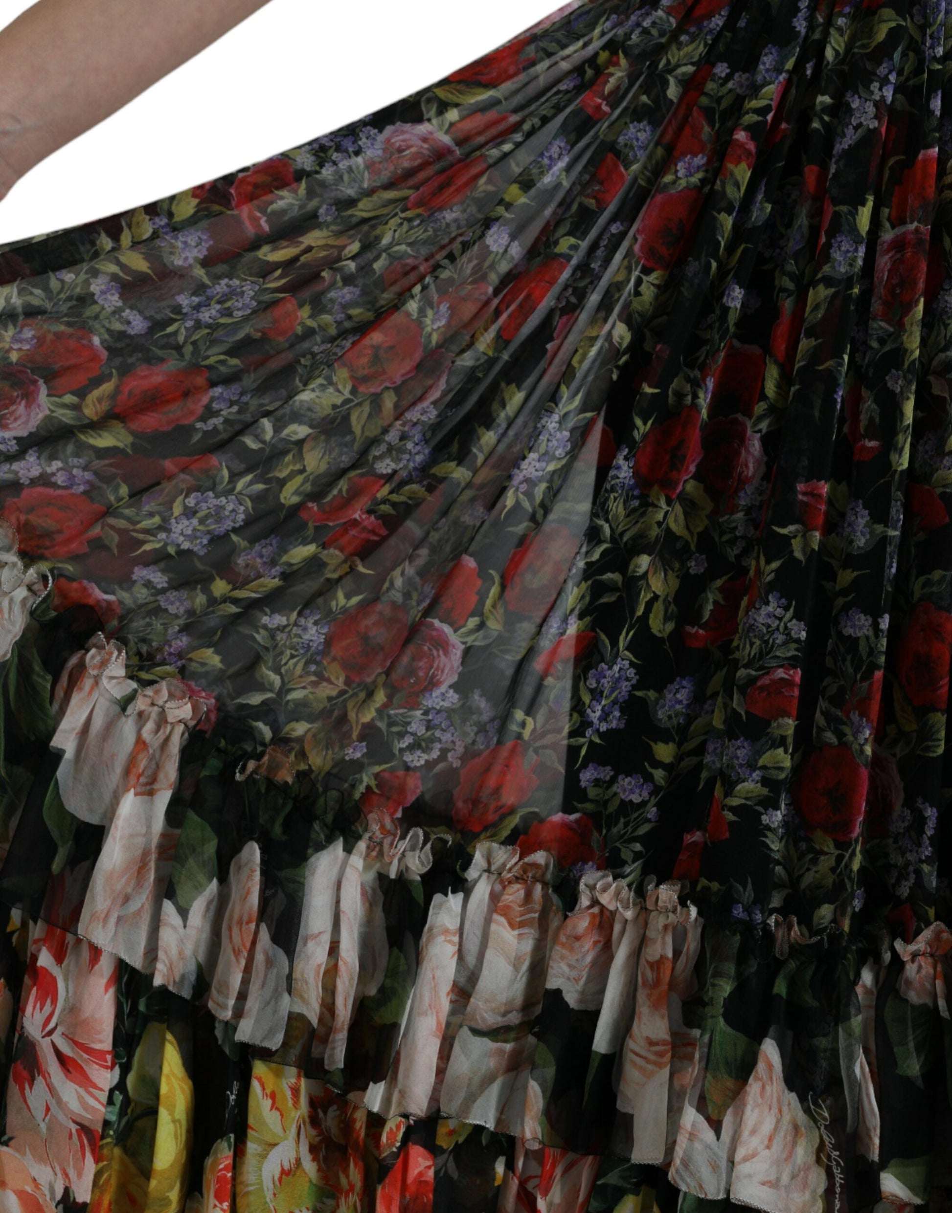 A woman's multicolored floral chiffon tiered maxi dress