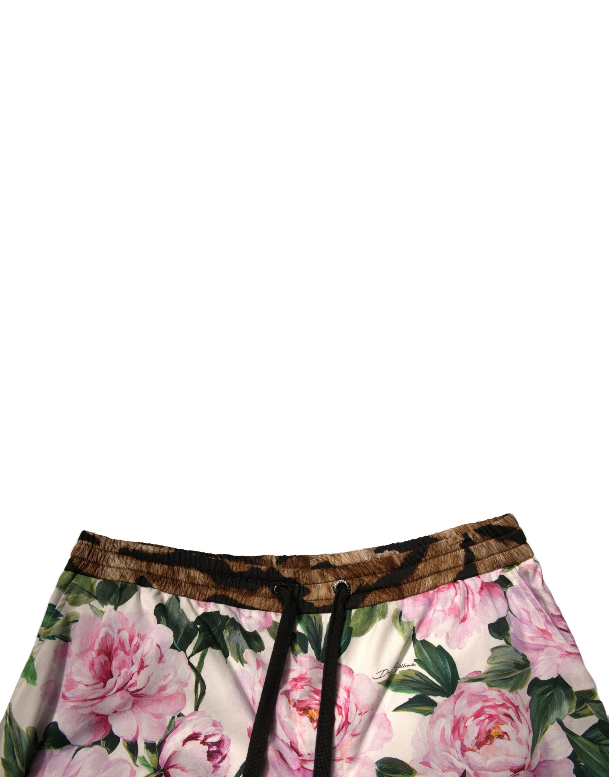 Pink floral patterned men's shorts with brown trim and drawstring waist