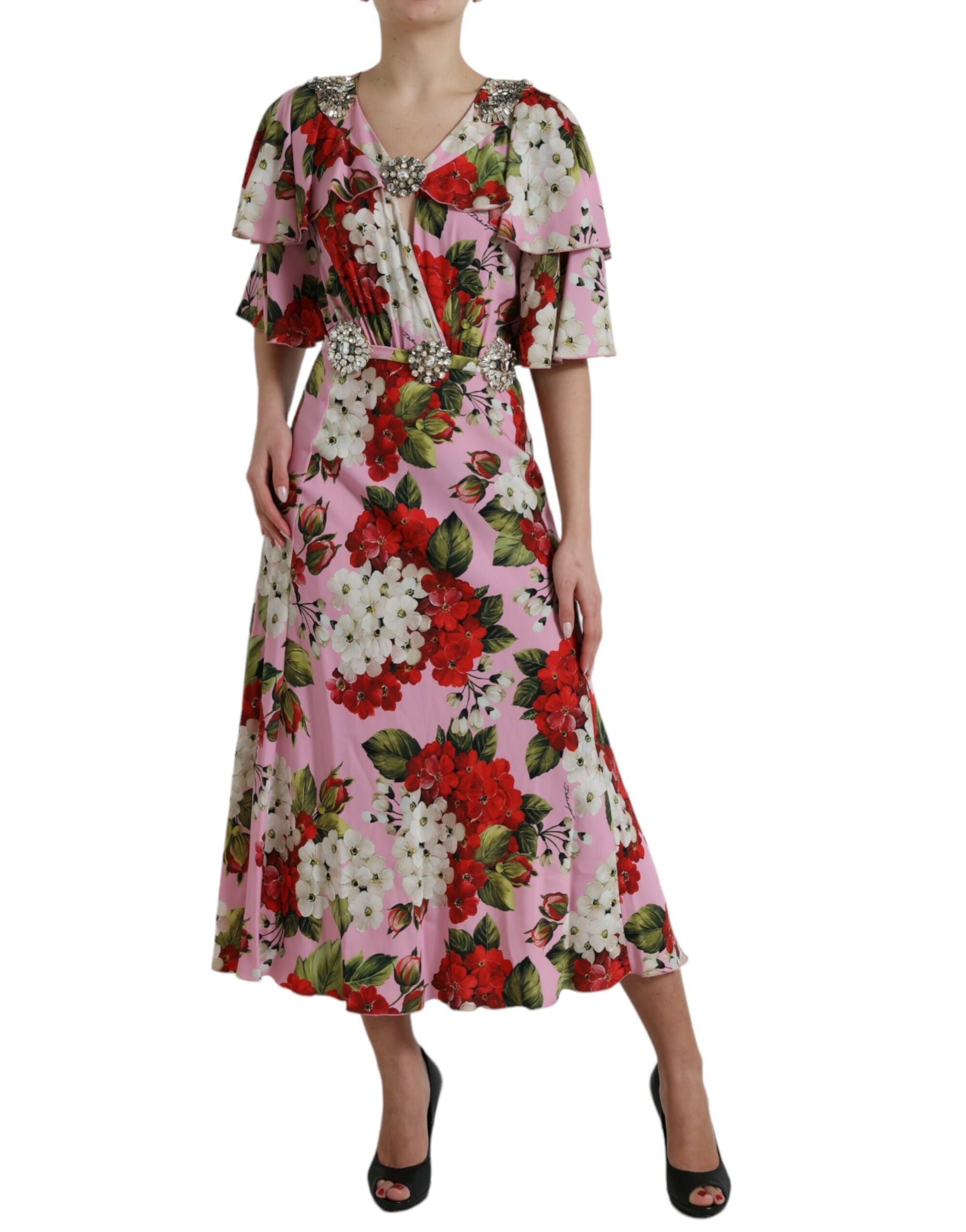 Pink, white, and green floral dress with crystal embellishments