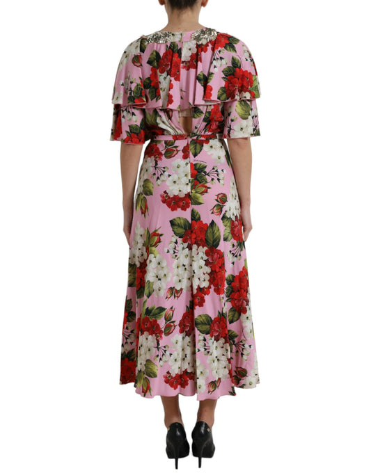 Pink floral dress with crystal embellishments, A-line style