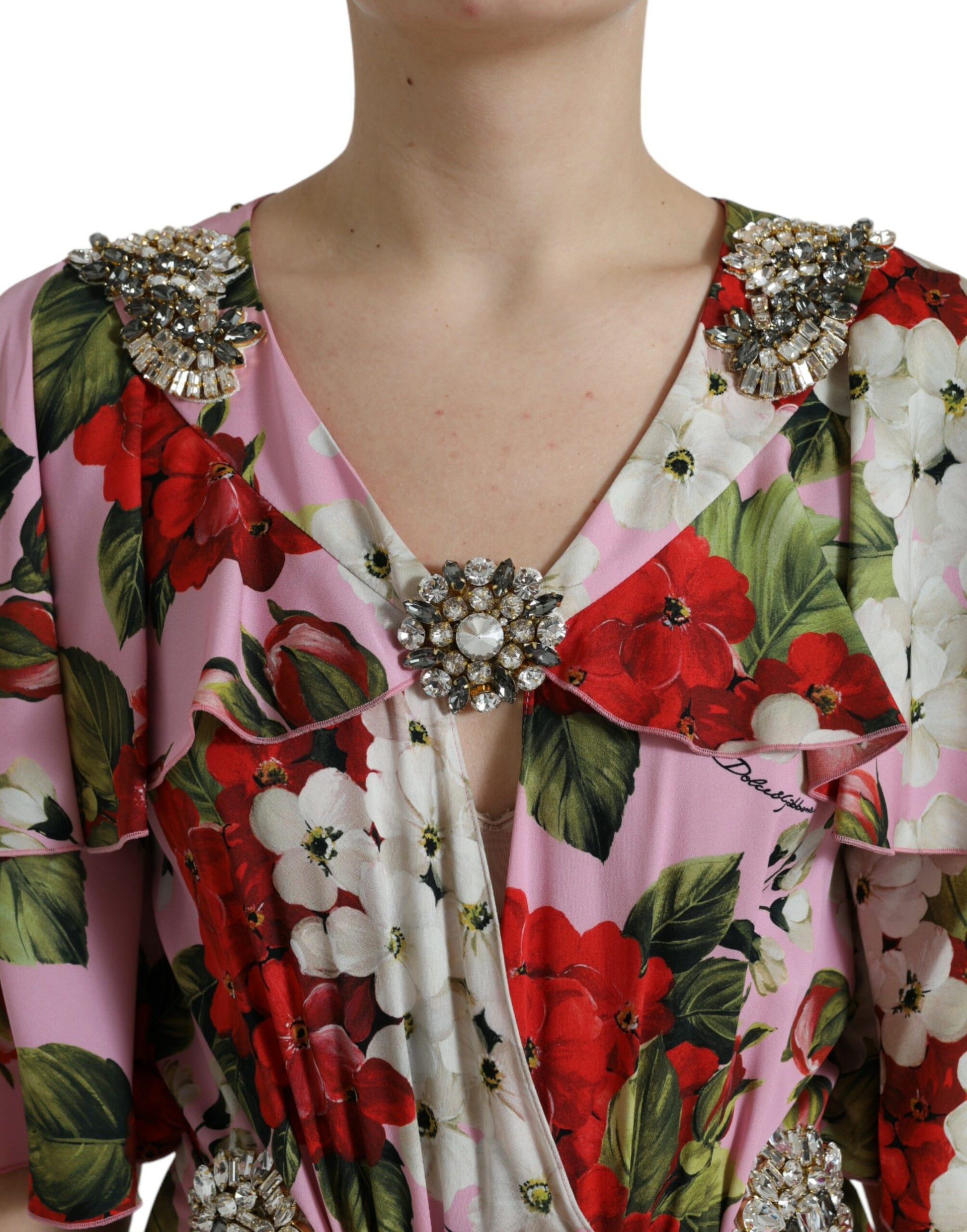 Pink, white, and red floral dress with crystal embellishments